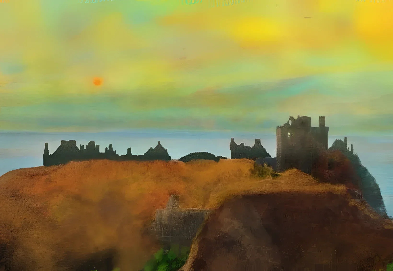 Dunnottar Castle Dusk - Historic & Iconic Art Gallery Scotland Worldwide Shipping Coastal Castle Ruins Scottish Castles Paintings and Fine