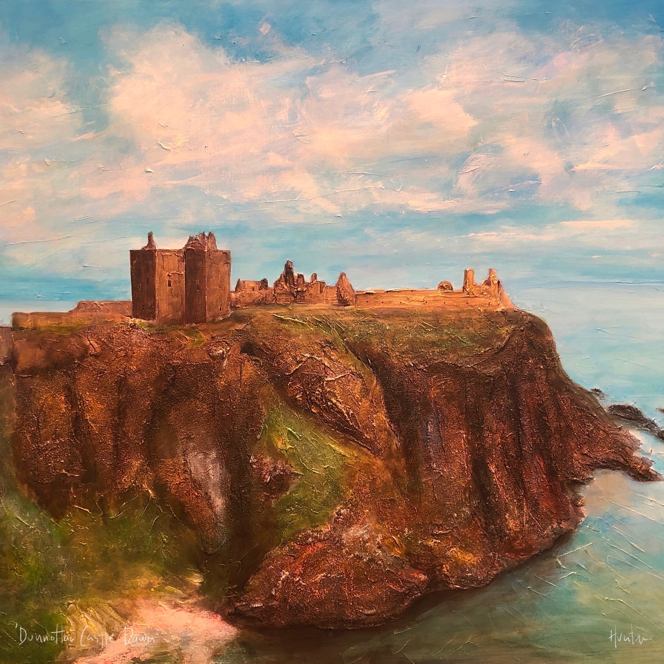 Dunnottar Castle | Scotland In Your Pocket Art Print-Scotland In Your Pocket Framed Prints-Historic & Iconic Scotland Art Gallery-Mounted & Cello Bag: 12.5x12.5 cm-Black Frame-Paintings, Prints, Homeware, Art Gifts From Scotland By Scottish Artist Kevin Hunter