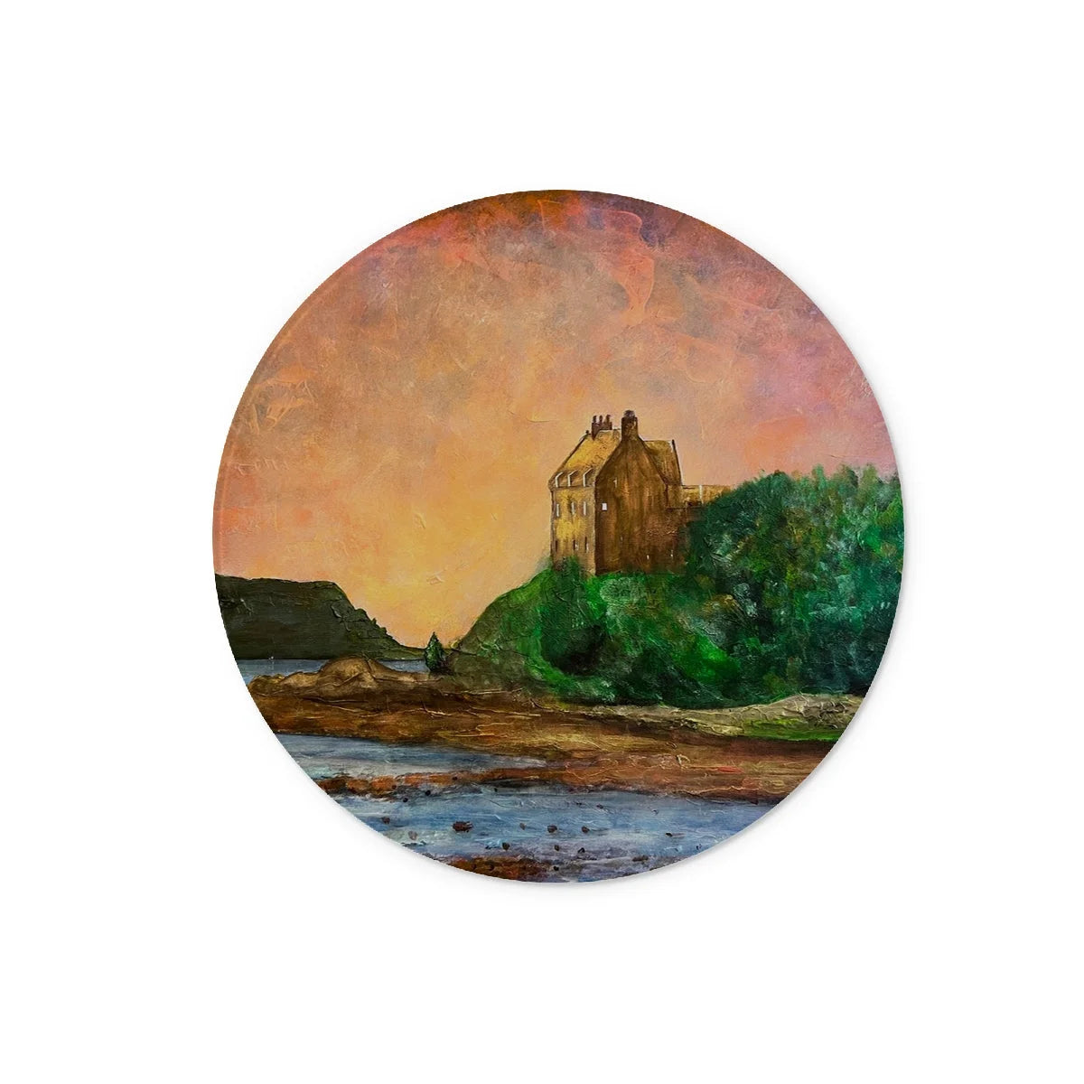 Duntrune Castle Glass Chopping Board - Historic & Iconic Art Gallery Scotland Worldwide Shipping Circular Landscape Painting Scottish