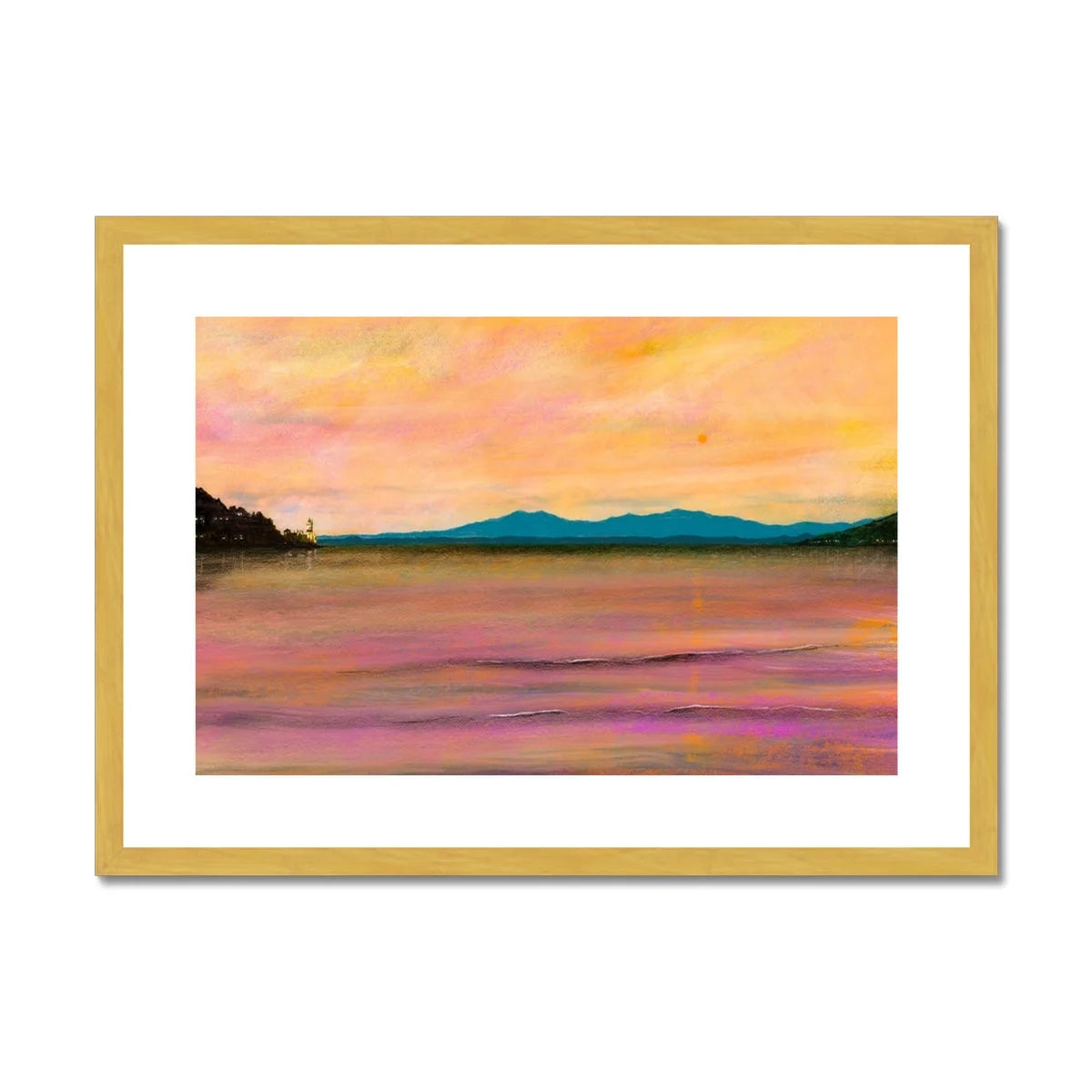 Dusk Over Arran & the Cloch Antique Framed Mounted Print - River Clyde Art Gallery Scotland Worldwide Shipping Scottish Landscape by Artist
