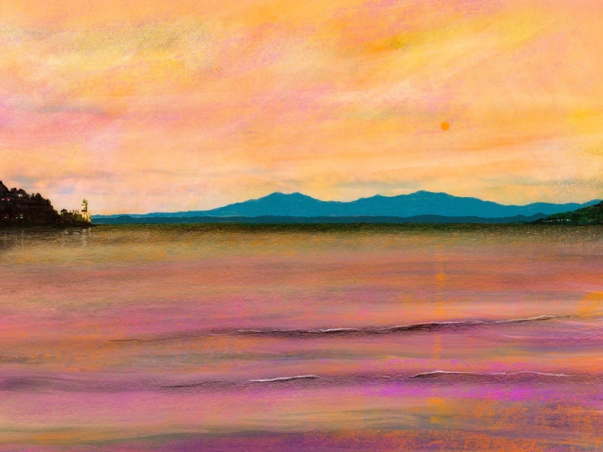 Dusk Over Arran and the Cloch - Art Gallery Scotland Worldwide Shipping Impressionistic Seascape Painting Kevin Hunter Portfolio Giclee