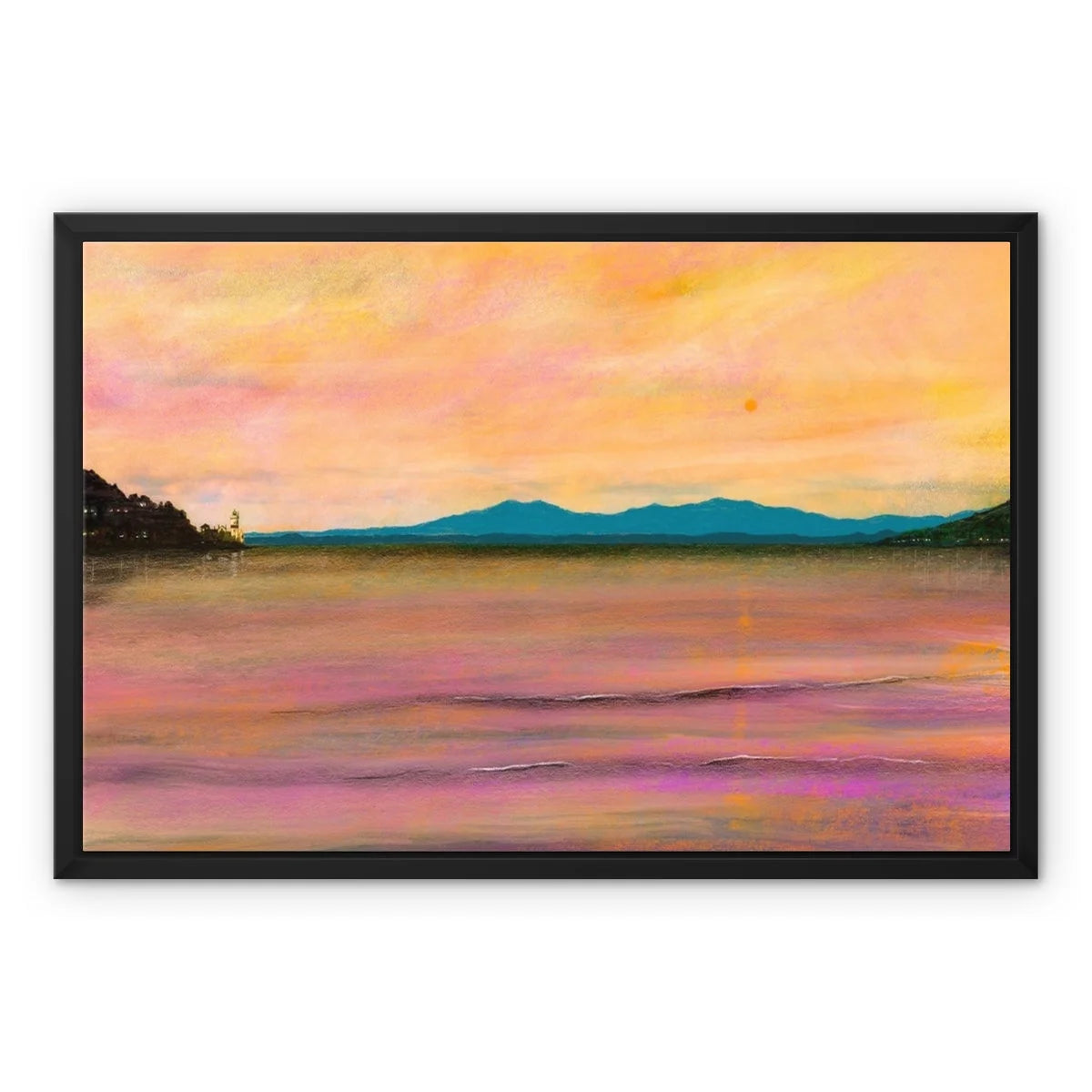Dusk Over Arran & the Cloch Framed Canvas - River Clyde Art Gallery Scotland Worldwide Shipping Paintings | Prints | Gifts from by Scottish