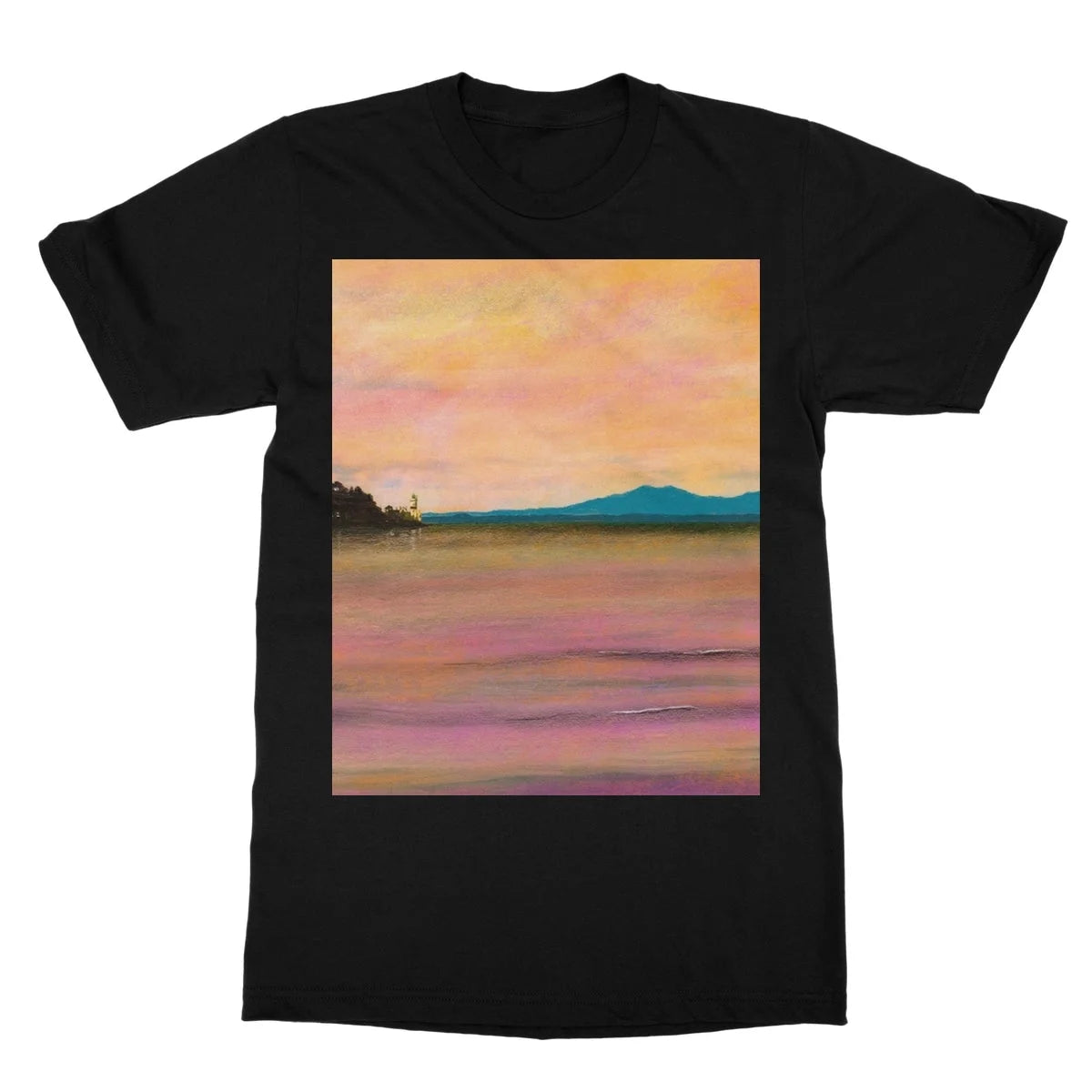Dusk Over Arran & the Cloch Softstyle T-shirt - River Clyde Art Gallery Scotland Worldwide Shipping Scottish Landscape by Artist Hunter