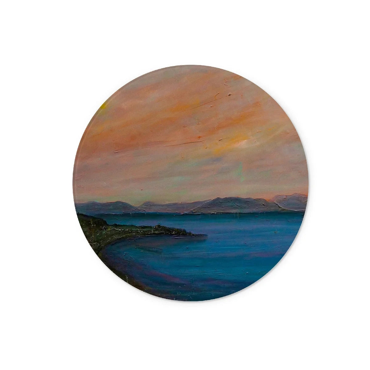 Dusk Over Gourock Glass Chopping Board - River Clyde Art Gallery Scotland Worldwide Shipping Circular Painting Colorful Scottish Prints