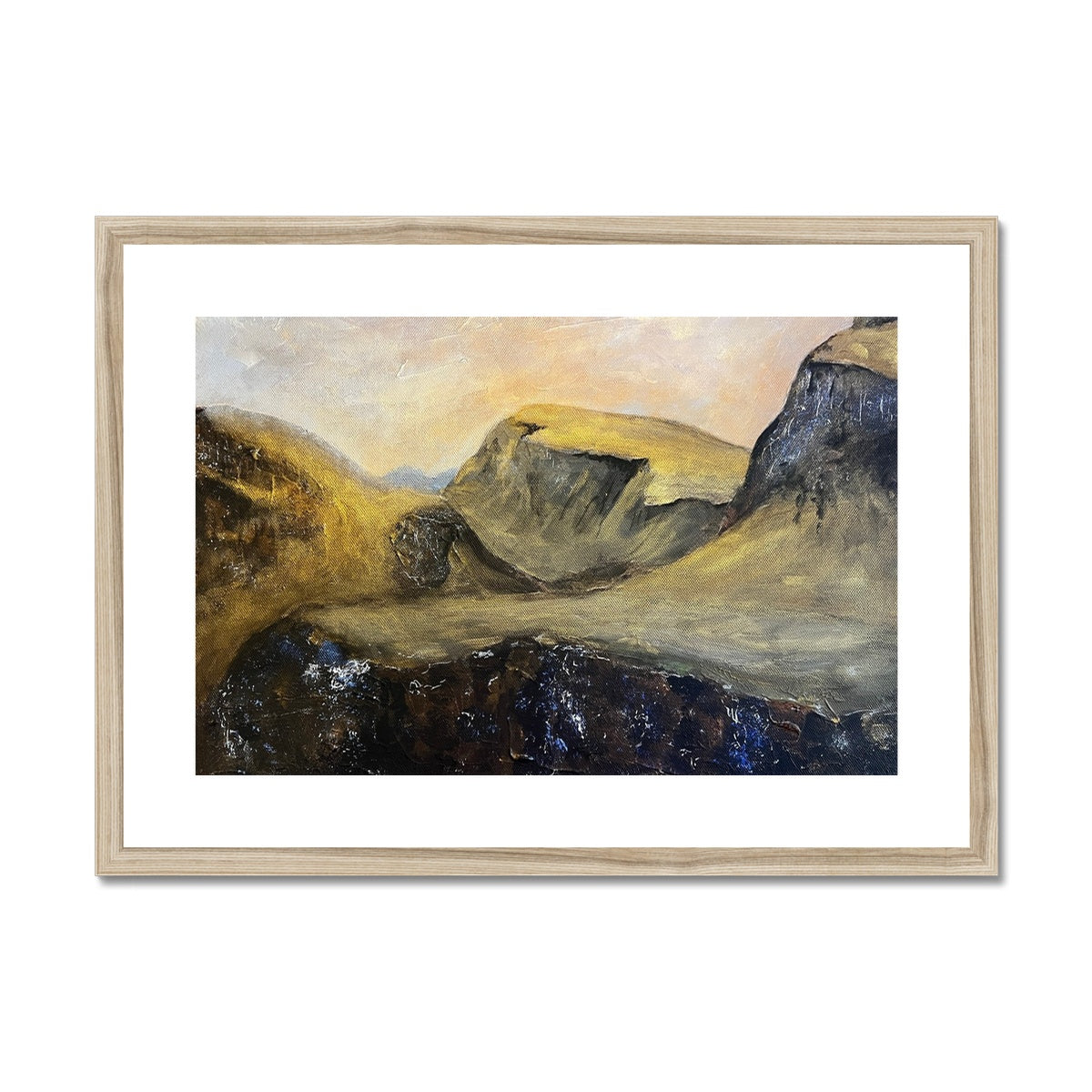 The Quiraing Skye Painting | Framed & Mounted Prints From Scotland-Framed & Mounted Prints-Skye Art Gallery-A2 Landscape-Natural Frame-Paintings, Prints, Homeware, Art Gifts From Scotland By Scottish Artist Kevin Hunter