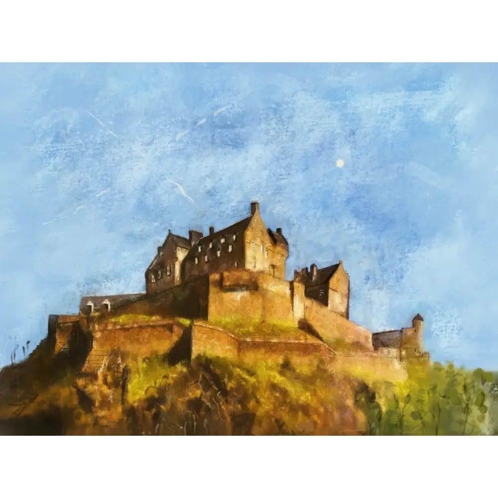 Edinburgh Castle art print by Scottish artist showcasing castle art prints under a blue sky