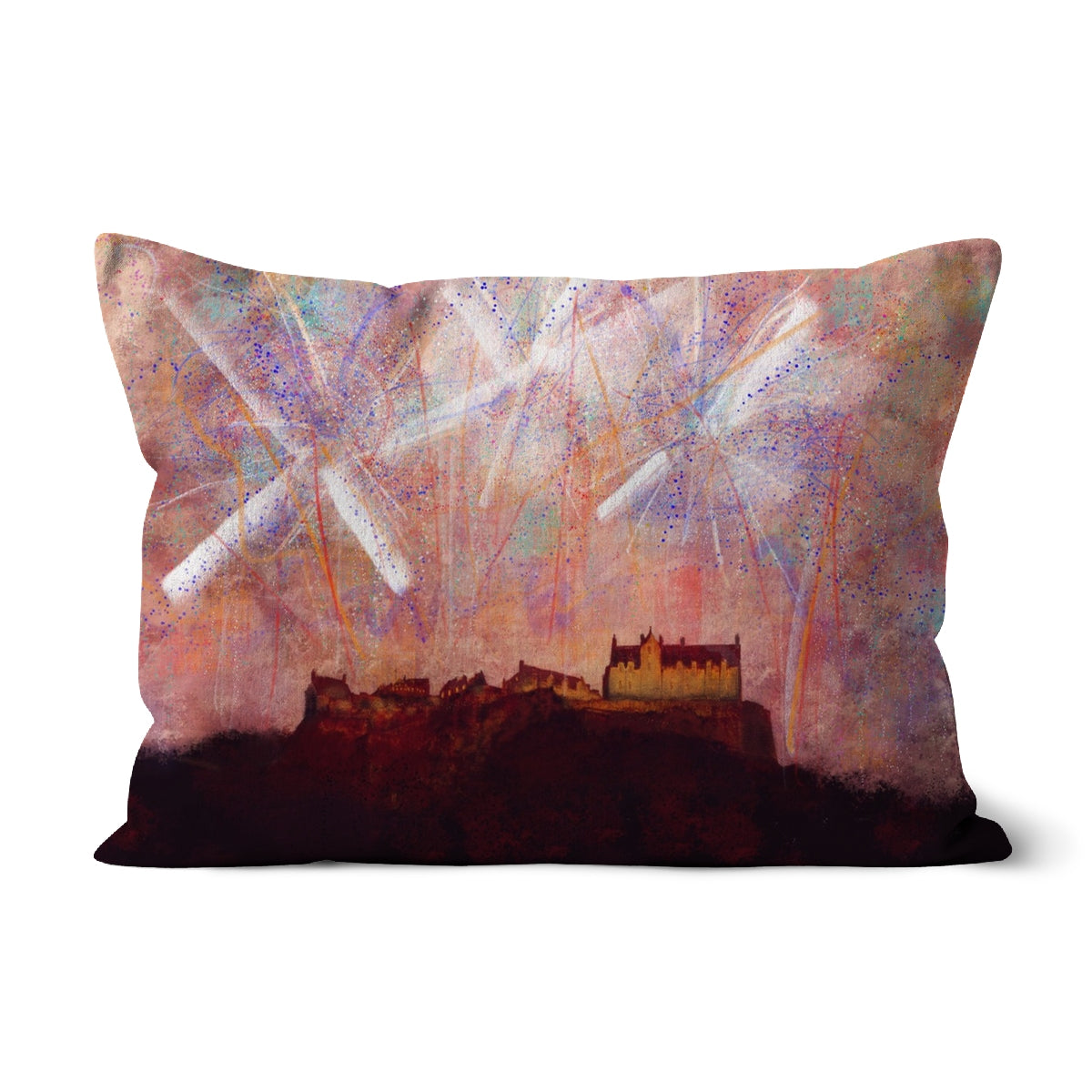 Edinburgh Castle Fireworks Art Gifts Cushion | Edinburgh &amp; Glasgow Art Gallery | Paintings, Prints, Homeware and Art Gifts From Scotland By Scottish Artist Kevin Hunter