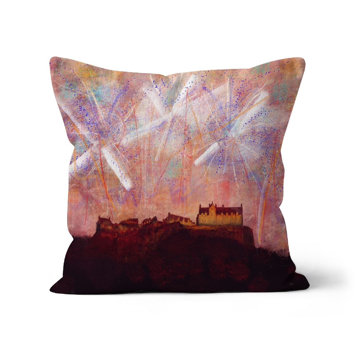 Edinburgh Castle Fireworks Art Gifts Cushion | Edinburgh &amp; Glasgow Art Gallery | Paintings, Prints, Homeware and Art Gifts From Scotland By Scottish Artist Kevin Hunter