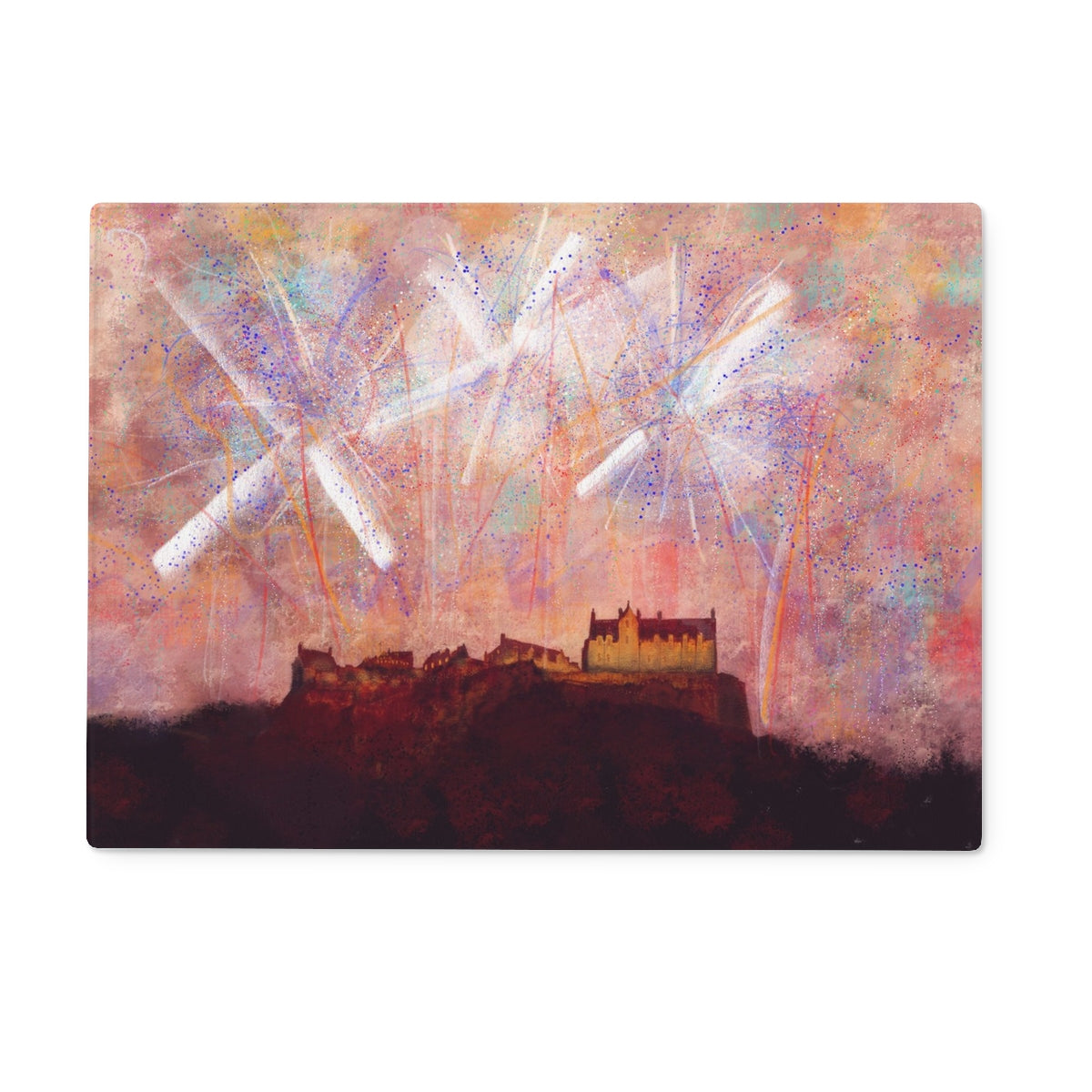 Edinburgh Castle Fireworks Art Gifts Glass Chopping Board | Edinburgh &amp; Glasgow Art Gallery | Paintings, Prints, Homeware and Art Gifts From Scotland By Scottish Artist Kevin Hunter