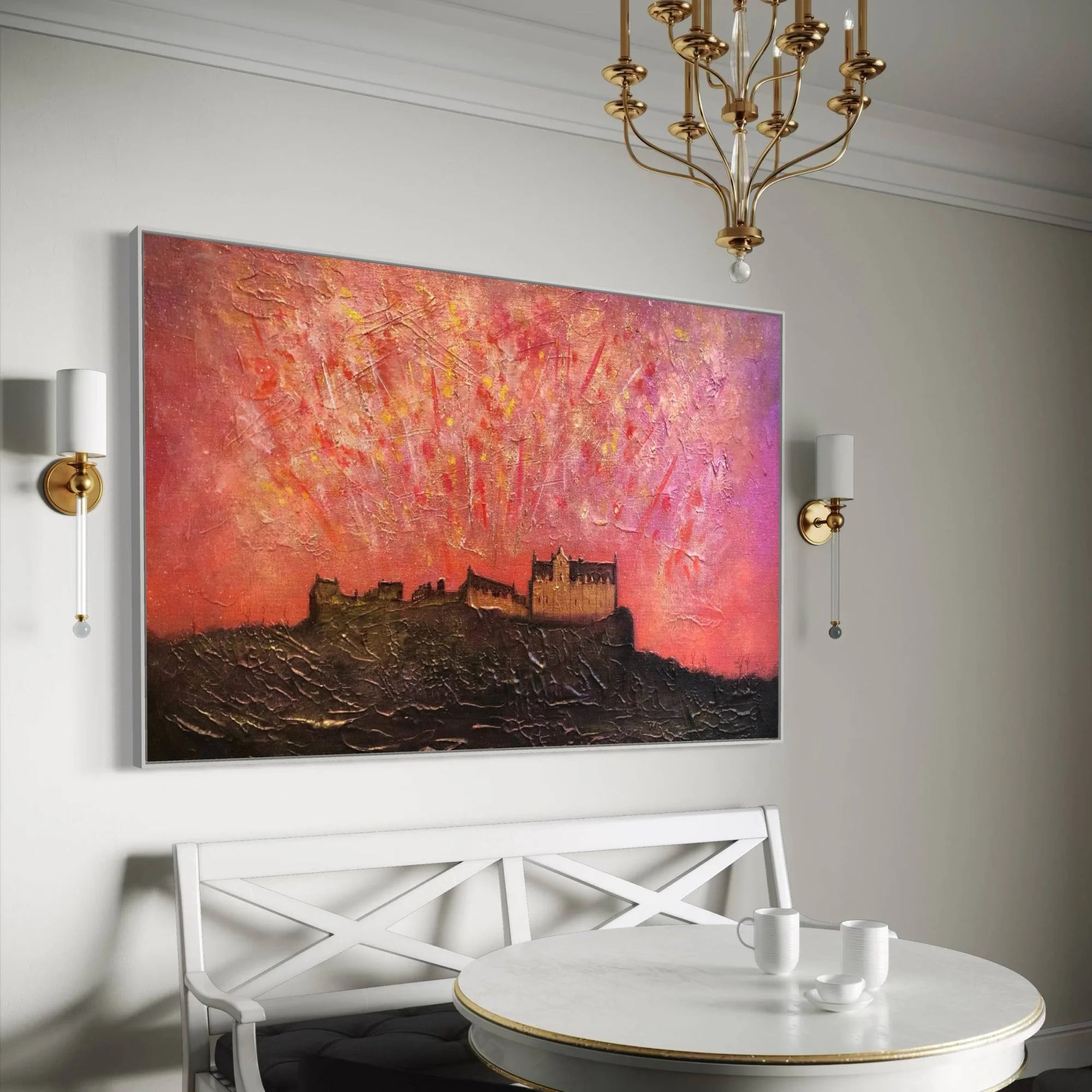 Edinburgh Castle Fireworks Ii | Statement Interior Wall Art from Scotland - & Glasgow Gallery Worldwide Shipping Textured Painting Castle