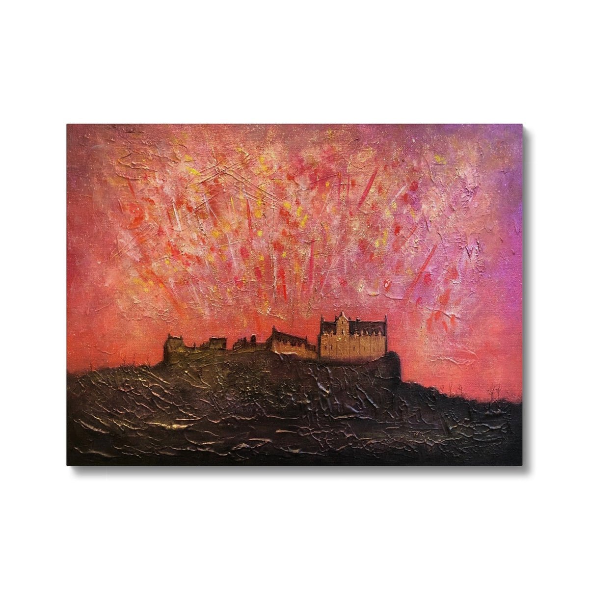 Edinburgh Castle Fireworks Painting | Canvas From Scotland-Contemporary Stretched Canvas Prints-Historic & Iconic Scotland Art Gallery-24"x18"-Paintings, Prints, Homeware, Art Gifts From Scotland By Scottish Artist Kevin Hunter