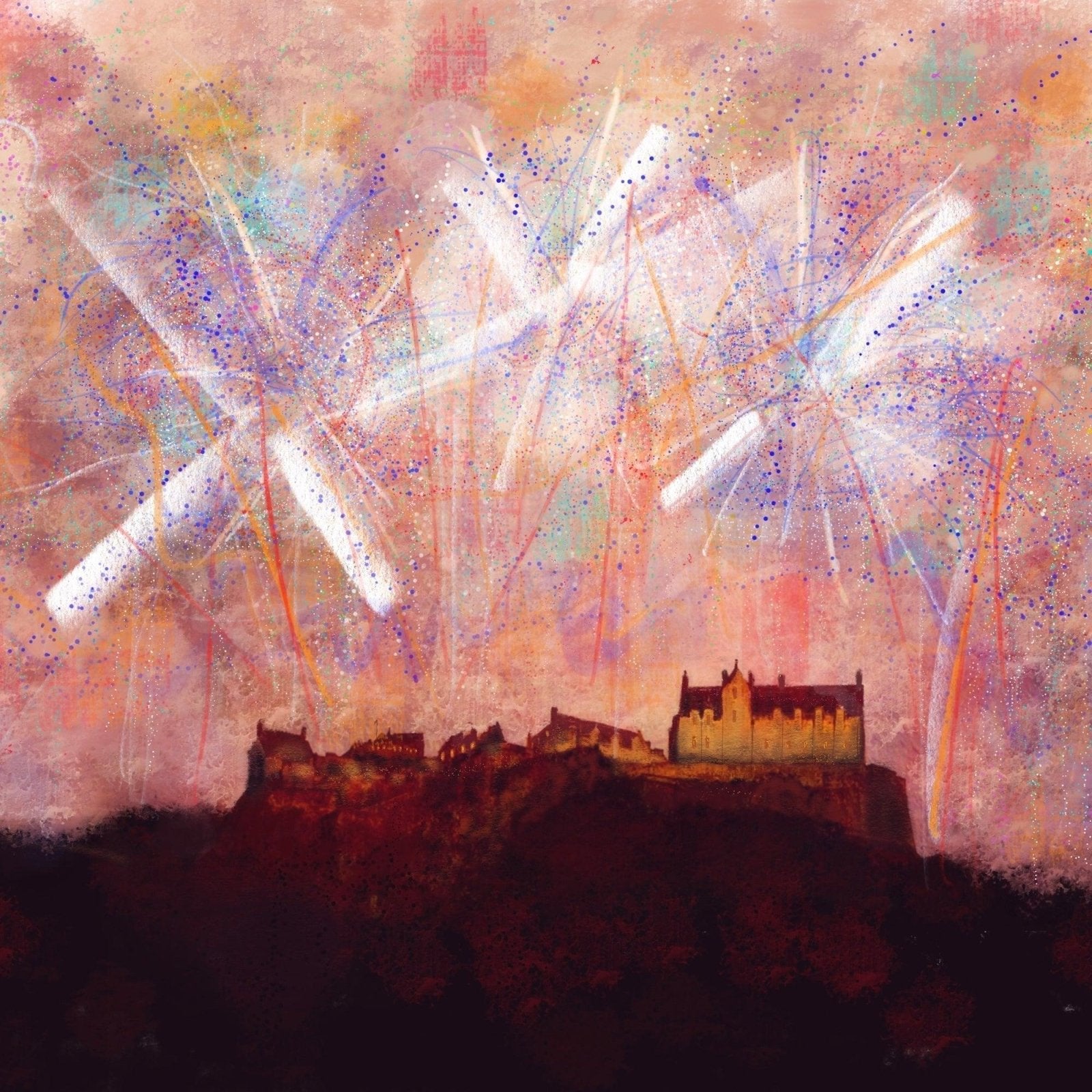 Edinburgh Castle Fireworks Wooden Art Block-Wooden Art Blocks-Edinburgh & Glasgow Art Gallery-Paintings, Prints, Homeware, Art Gifts From Scotland By Scottish Artist Kevin Hunter
