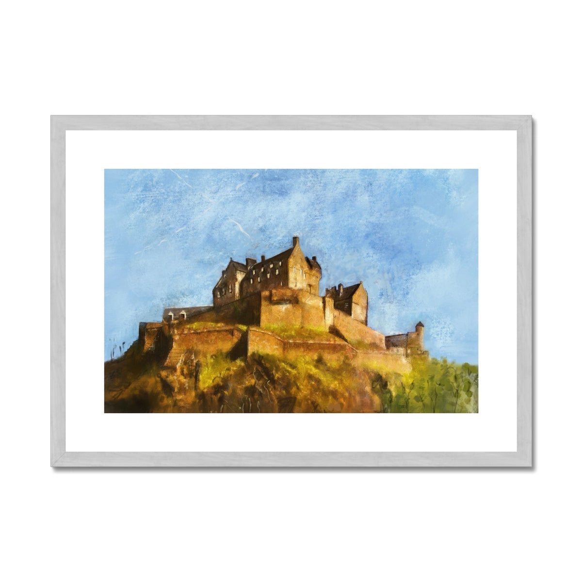 Edinburgh Castle Painting | Antique Framed & Mounted Prints From Scotland-Antique Framed & Mounted Prints-Historic & Iconic Scotland Art Gallery-A2 Landscape-Silver Frame-Paintings, Prints, Homeware, Art Gifts From Scotland By Scottish Artist Kevin Hunter