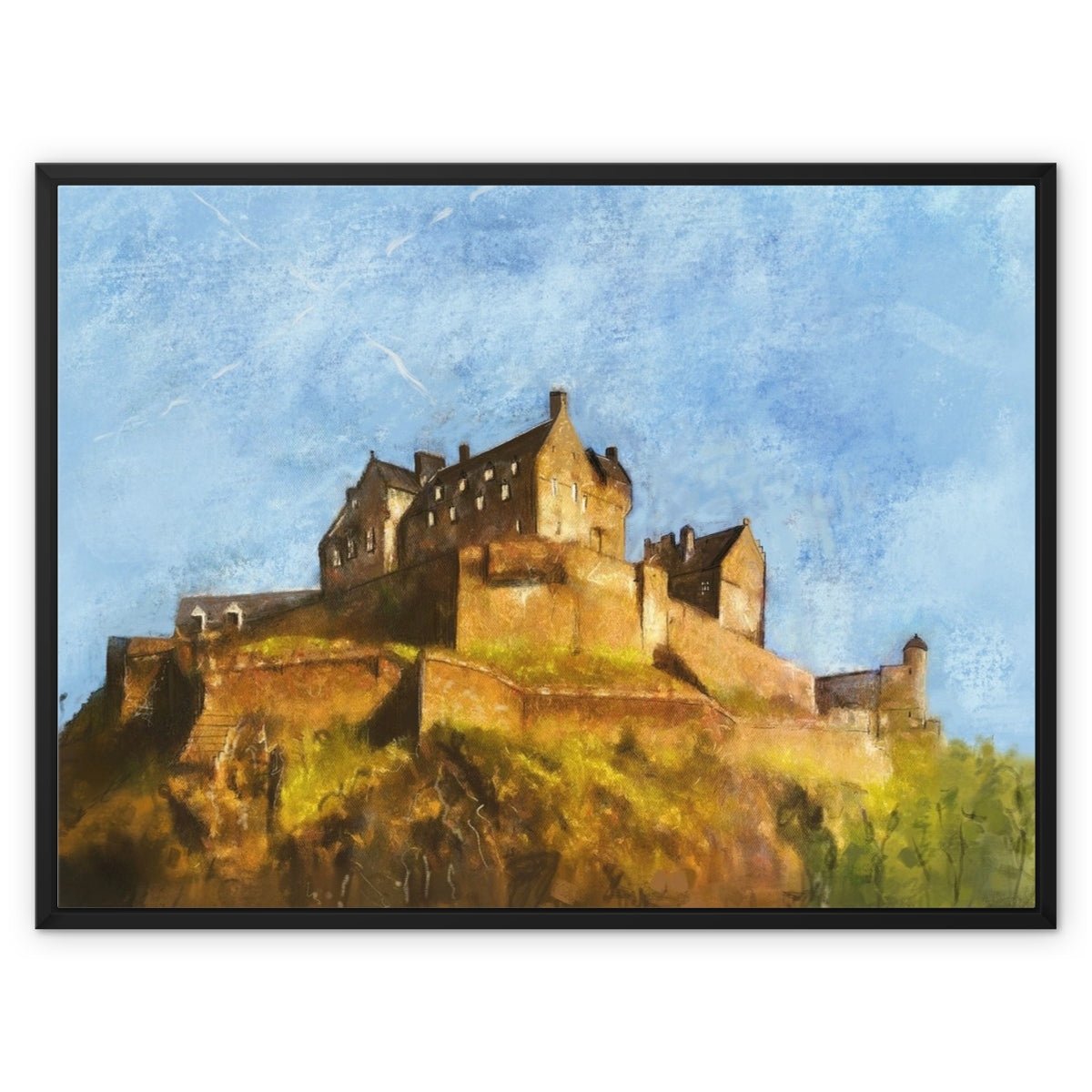 Edinburgh Castle Painting | Framed Canvas From Scotland-Floating Framed Canvas Prints-Historic & Iconic Scotland Art Gallery-32"x24"-Black Frame-Paintings, Prints, Homeware, Art Gifts From Scotland By Scottish Artist Kevin Hunter