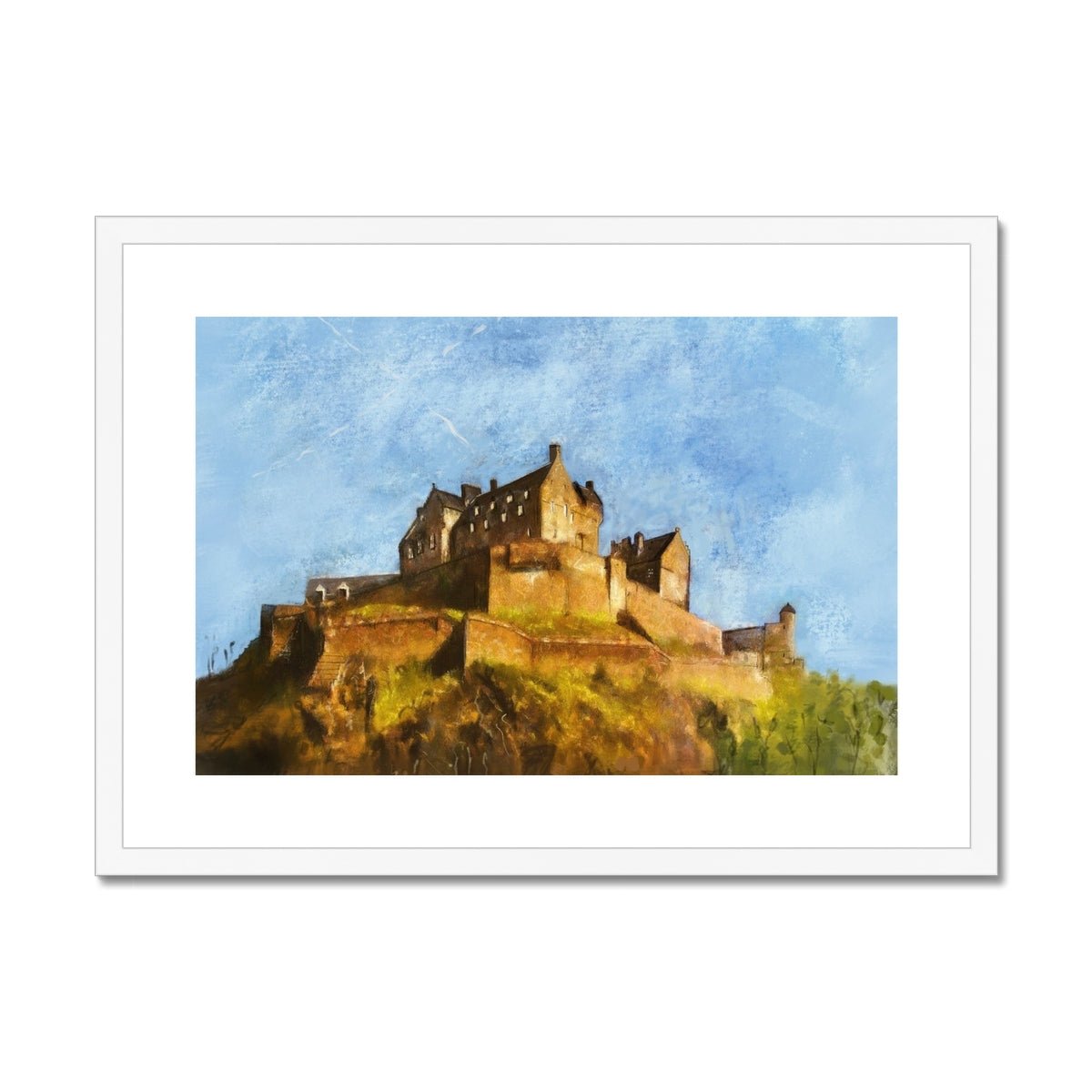 Edinburgh Castle Painting | Framed & Mounted Prints From Scotland-Framed & Mounted Prints-Historic & Iconic Scotland Art Gallery-A2 Landscape-White Frame-Paintings, Prints, Homeware, Art Gifts From Scotland By Scottish Artist Kevin Hunter