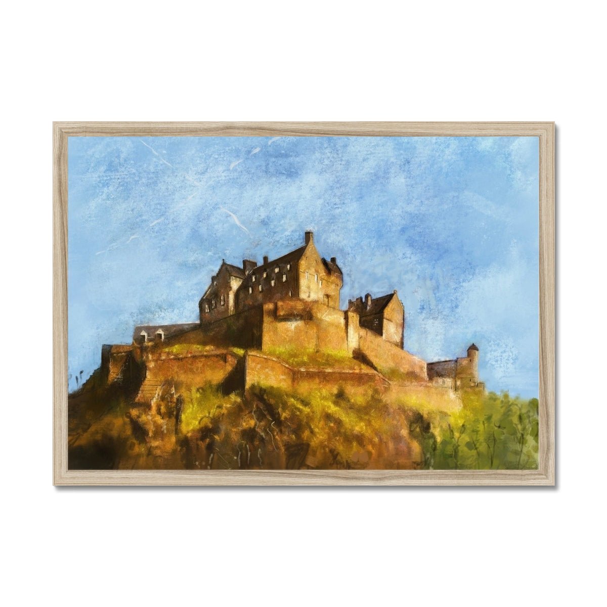 Edinburgh Castle Painting | Framed Prints From Scotland-Framed Prints-Historic & Iconic Scotland Art Gallery-A2 Landscape-Natural Frame-Paintings, Prints, Homeware, Art Gifts From Scotland By Scottish Artist Kevin Hunter