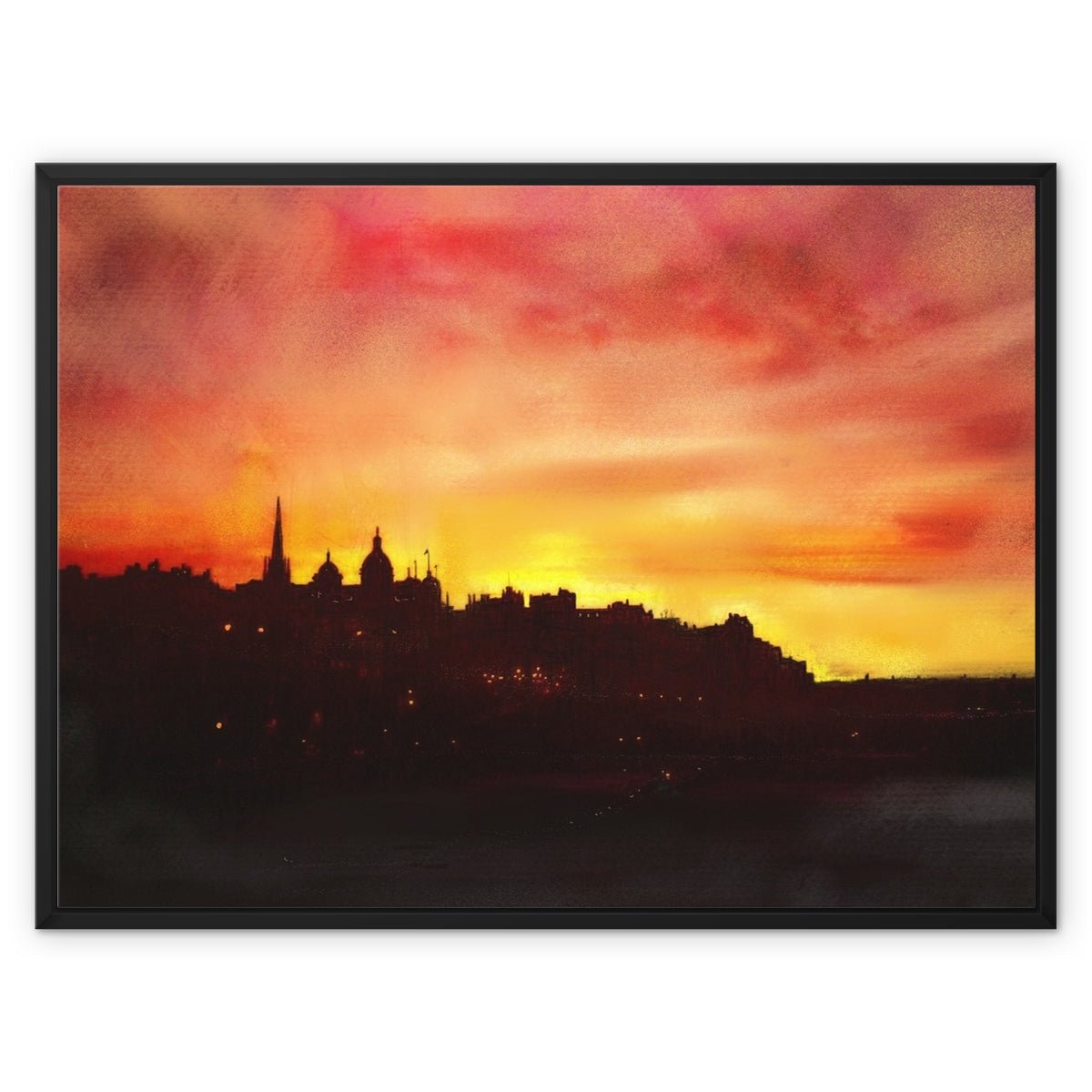 Edinburgh Sunset Painting | Framed Canvas From Scotland-Floating Framed Canvas Prints-Edinburgh & Glasgow Art Gallery-32"x24"-Black Frame-Paintings, Prints, Homeware, Art Gifts From Scotland By Scottish Artist Kevin Hunter