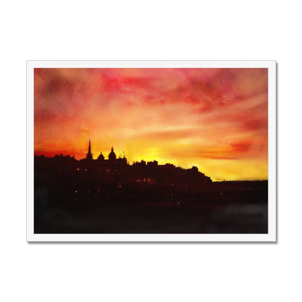 Edinburgh Sunset Painting | Framed Prints From Scotland-Framed Prints-Edinburgh & Glasgow Art Gallery-A2 Landscape-White Frame-Paintings, Prints, Homeware, Art Gifts From Scotland By Scottish Artist Kevin Hunter