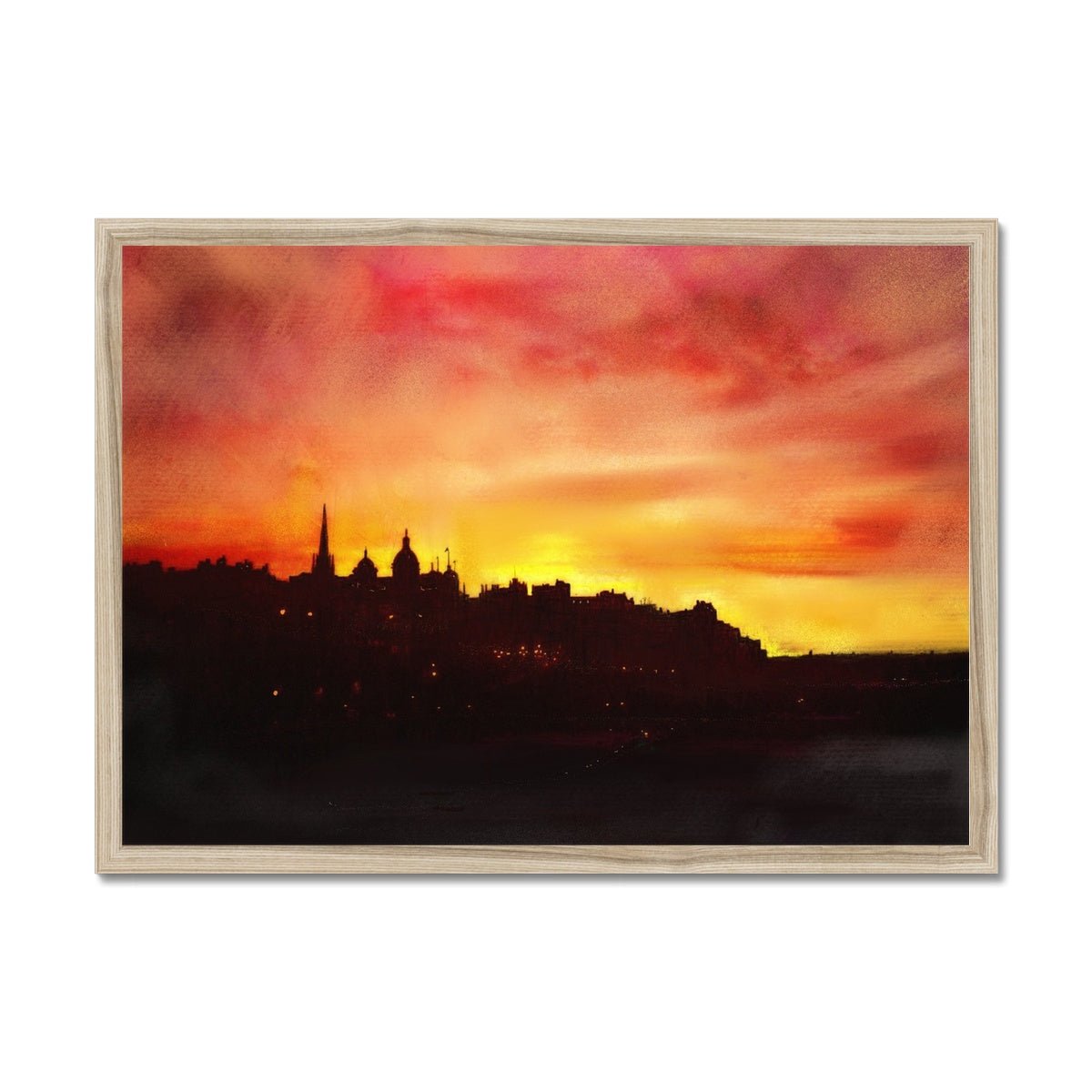Edinburgh Sunset Painting | Framed Prints From Scotland-Framed Prints-Edinburgh & Glasgow Art Gallery-A2 Landscape-Natural Frame-Paintings, Prints, Homeware, Art Gifts From Scotland By Scottish Artist Kevin Hunter