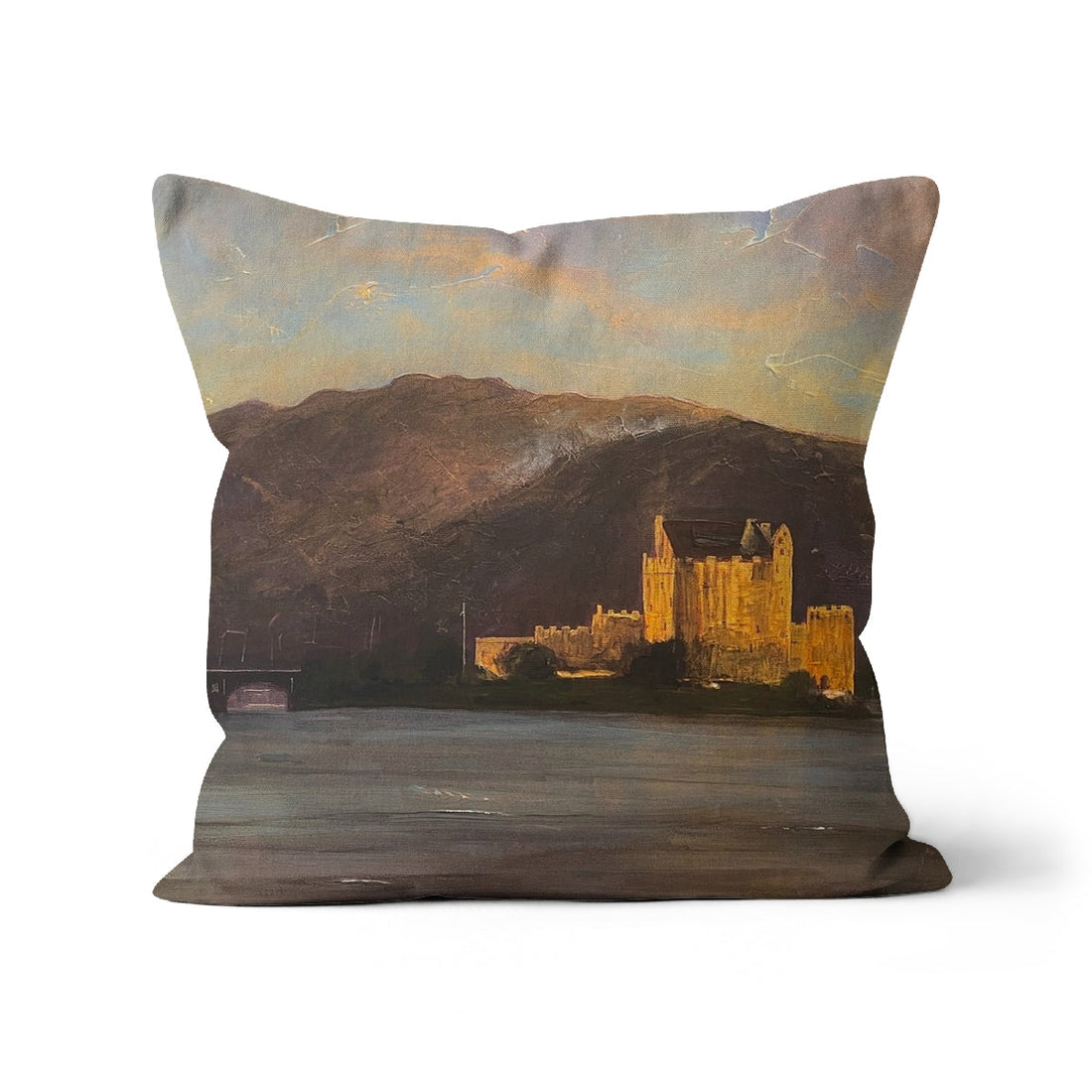 Eilean Donan Castle Art Gifts Cushion | Historic &amp; Iconic Scotland Art Gallery | Paintings, Prints, Homeware and Art Gifts From Scotland By Scottish Artist Kevin Hunter