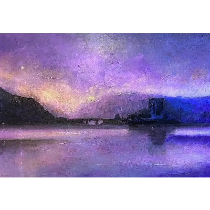 Purple landscape painting of Eilean Donan Castle moonset, Scottish artist art prints
