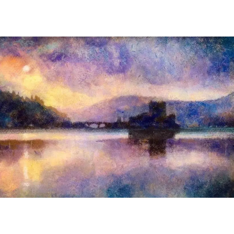 Impressionistic Eilean Donan Castle moonlight art print by Scottish artist on water