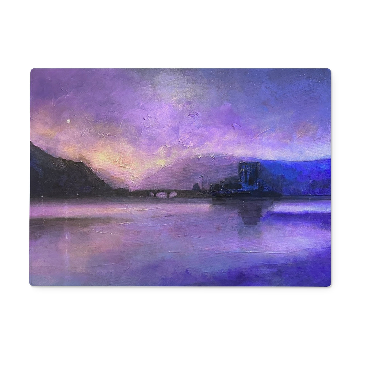 Eilean Donan Castle Moonset Art Gifts Glass Chopping Board | Historic &amp; Iconic Scotland Art Gallery | Paintings, Prints, Homeware and Art Gifts From Scotland By Scottish Artist Kevin Hunter