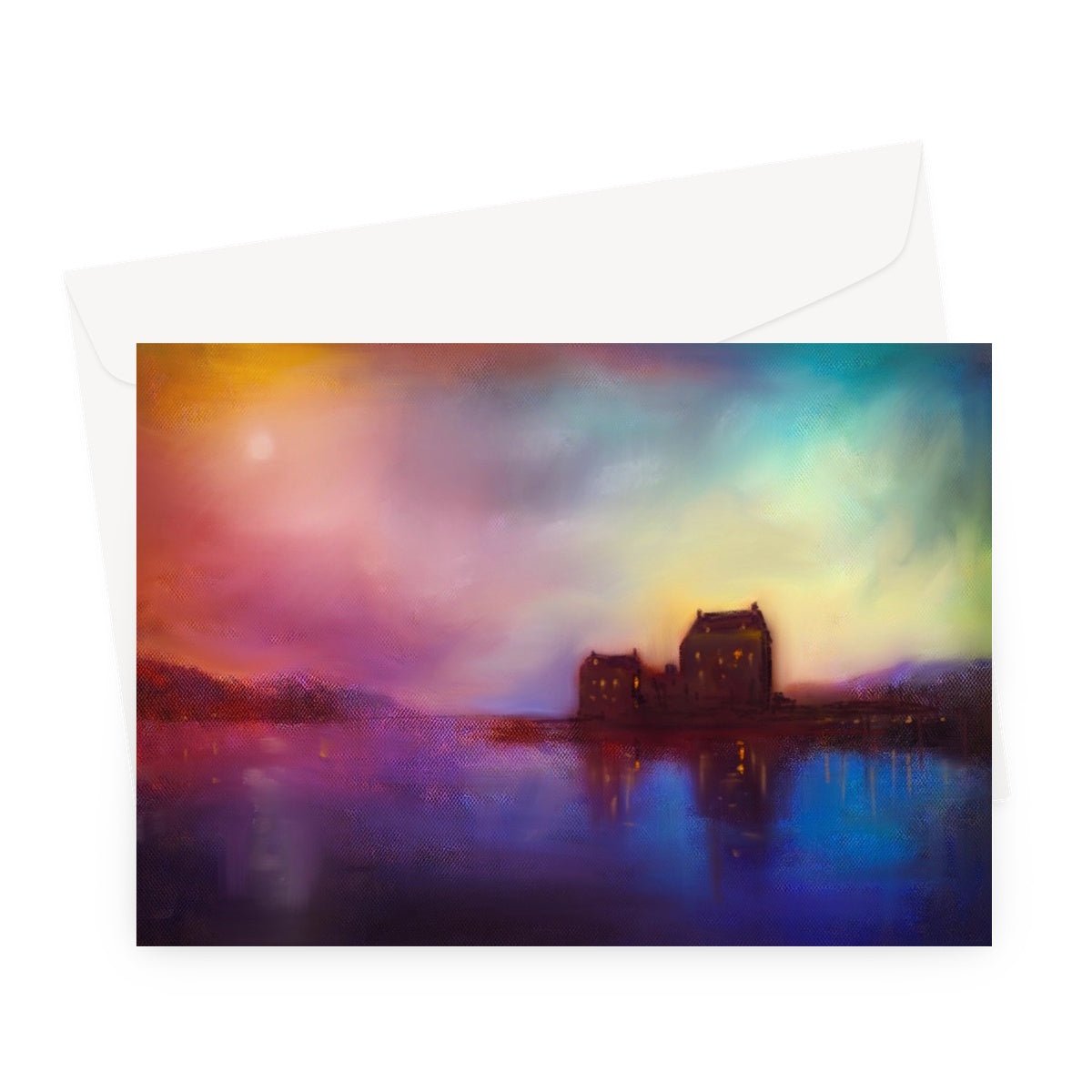 Eilean Donan Castle Sunset Art Gifts Greeting Card-Greetings Cards-Historic & Iconic Scotland Art Gallery-A5 Landscape-10 Cards-Paintings, Prints, Homeware, Art Gifts From Scotland By Scottish Artist Kevin Hunter