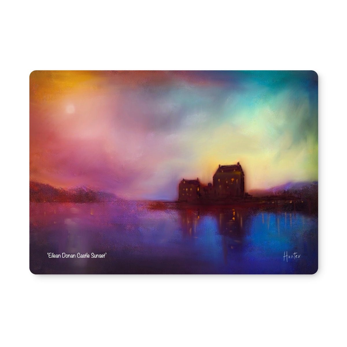 Eilean Donan Castle Sunset Art Gifts Placemat-Placemats-Scottish Castles Art Gallery-4 Placemats-Paintings, Prints, Homeware, Art Gifts From Scotland By Scottish Artist Kevin Hunter