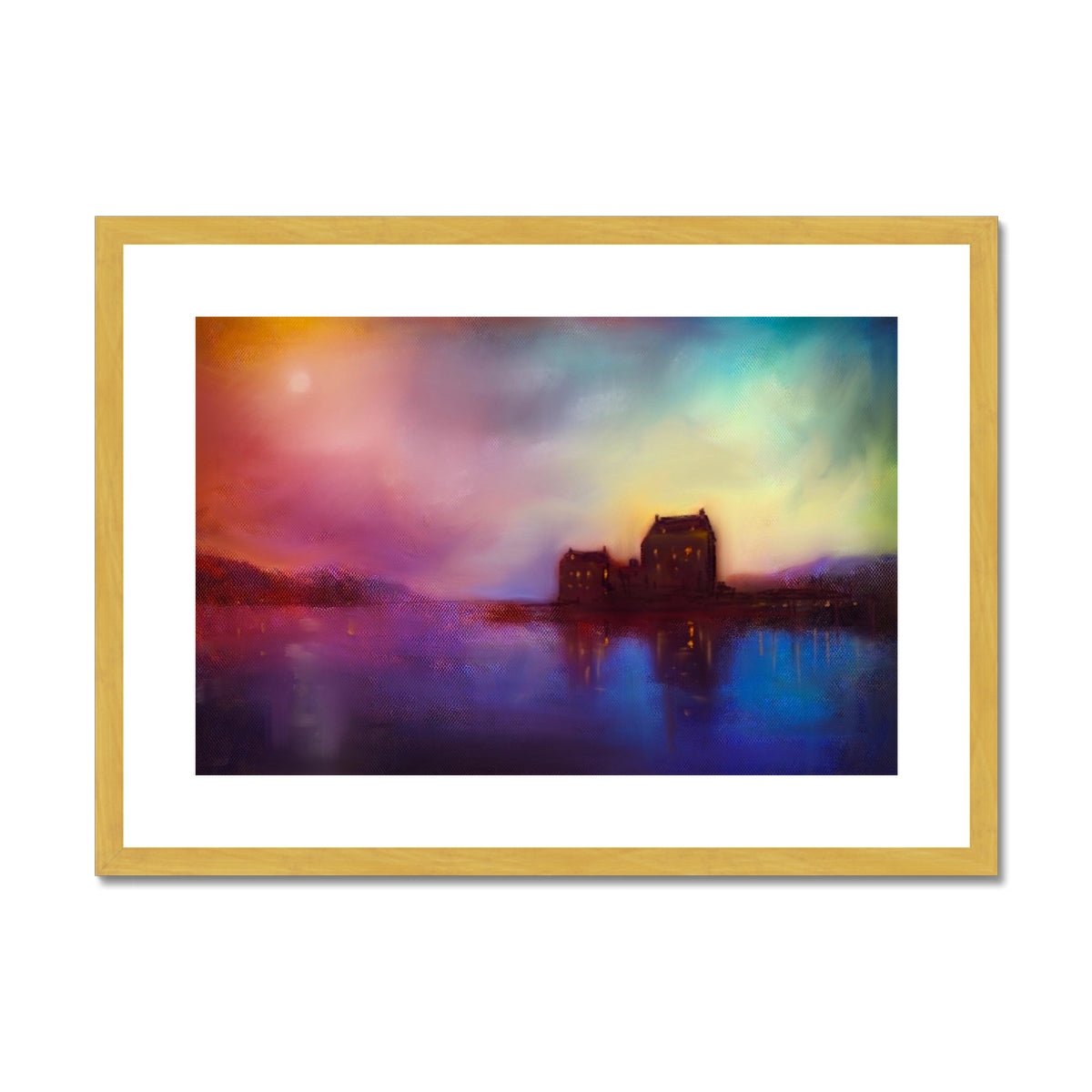 Eilean Donan Castle Sunset Painting | Antique Framed & Mounted Prints From Scotland-Antique Framed & Mounted Prints-Historic & Iconic Scotland Art Gallery-A2 Landscape-Gold Frame-Paintings, Prints, Homeware, Art Gifts From Scotland By Scottish Artist Kevin Hunter