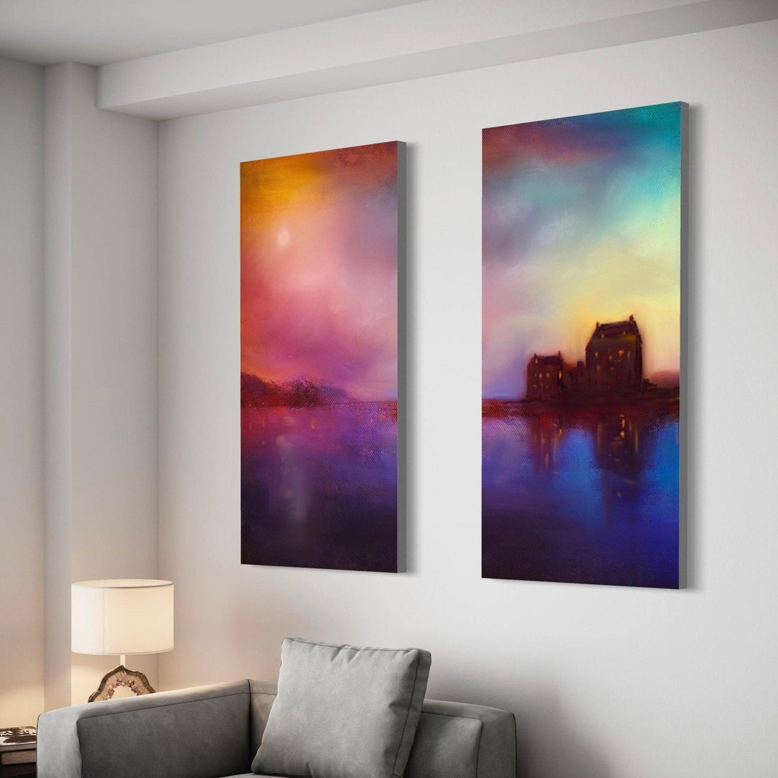 Eilean Donan Castle Sunset Painting Signed Fine Art Diptych Canvas