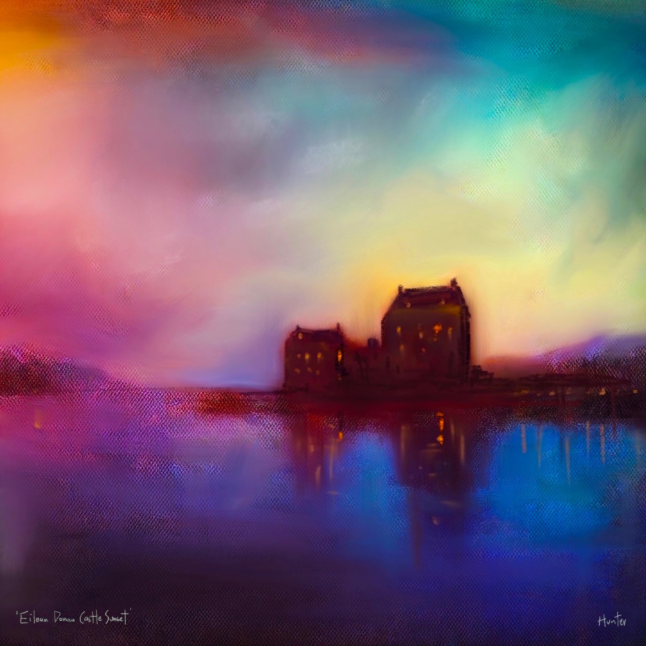 Eilean Donan Castle Sunset | Scotland In Your Pocket Art Print-Scotland In Your Pocket Framed Prints-Historic & Iconic Scotland Art Gallery-Mounted & Cello Bag: 12.5x12.5 cm-Black Frame-Paintings, Prints, Homeware, Art Gifts From Scotland By Scottish Artist Kevin Hunter
