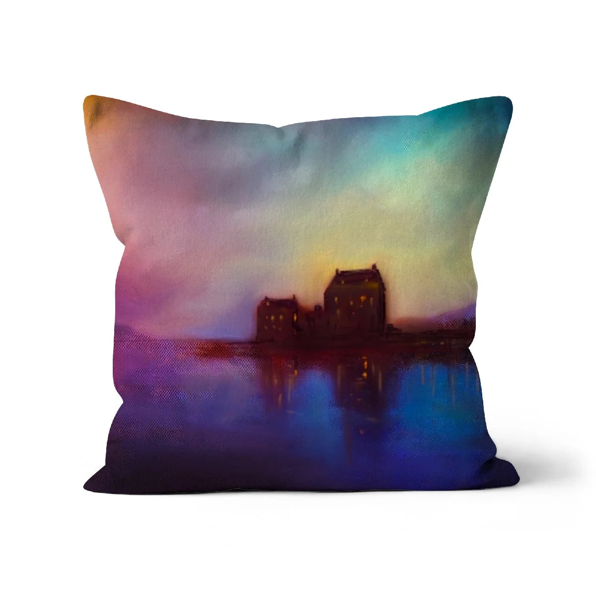 Eilean Donan Castle Sunset Cushion - Historic & Iconic Art Gallery Scotland Worldwide Shipping Vibrant Multi-colored Throw Scottish Castles