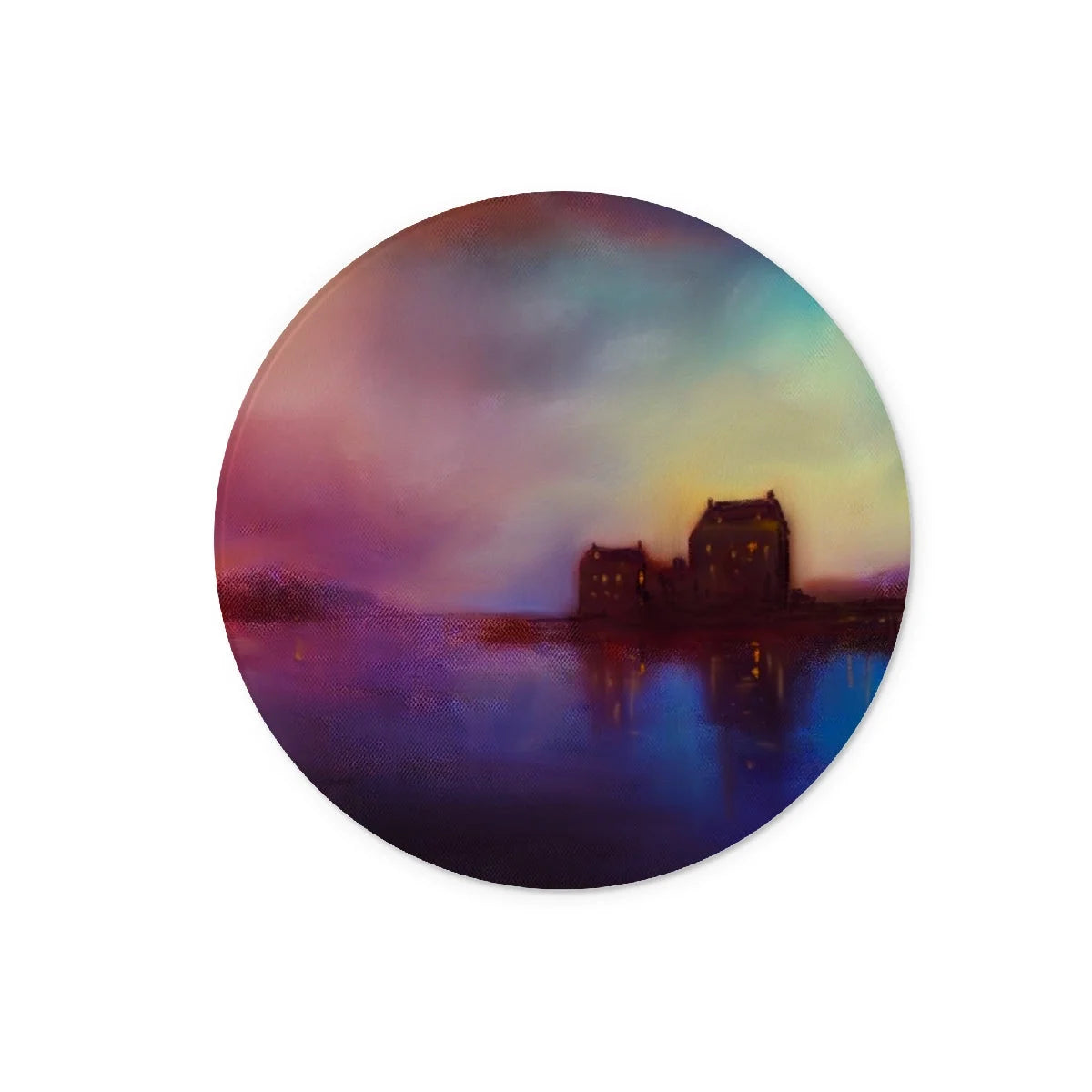 Eilean Donan Castle Sunset Glass Chopping Board - Historic & Iconic Art Gallery Scotland Worldwide Shipping Circular Sticker Colorful