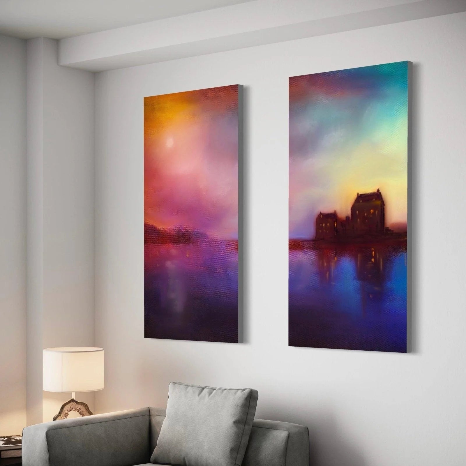 Eilean Donan Castle Sunset | Statement Interior Wall Art from Scotland - Historic & Iconic Gallery Worldwide Shipping Two Abstract