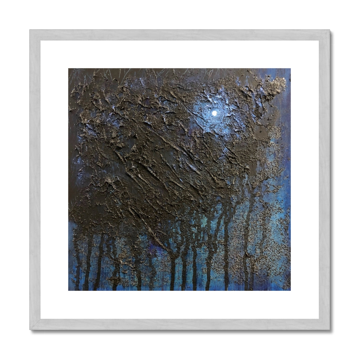 The Blue Moon Wood Abstract Painting | Antique Framed & Mounted Prints From Scotland-Antique Framed & Mounted Prints-Abstract & Impressionistic Art Gallery-20"x20"-Silver Frame-Paintings, Prints, Homeware, Art Gifts From Scotland By Scottish Artist Kevin Hunter