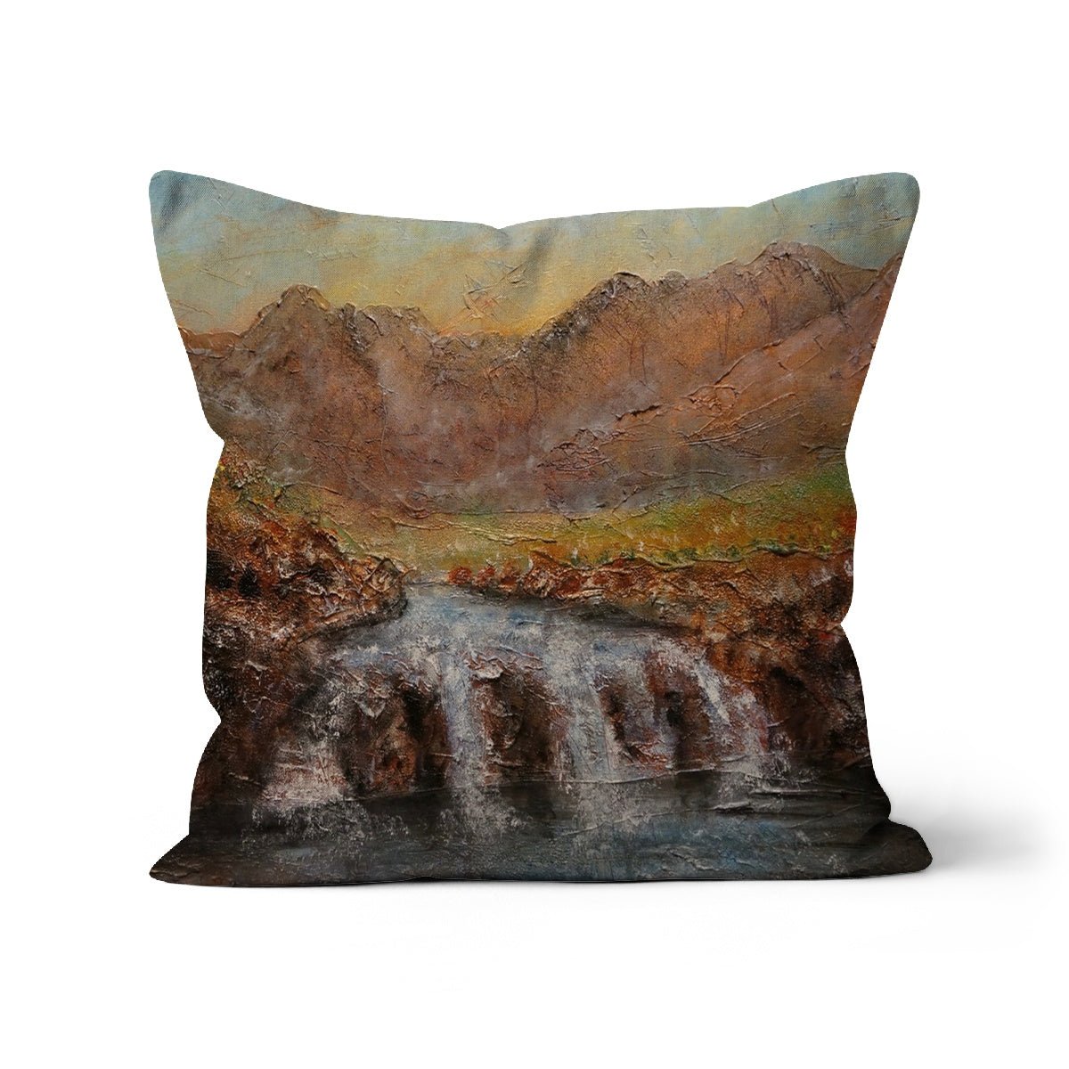 Fairy Pools Dawn Skye Art Gifts Cushion-Cushions-Skye Art Gallery-Linen-22"x22"-Paintings, Prints, Homeware, Art Gifts From Scotland By Scottish Artist Kevin Hunter