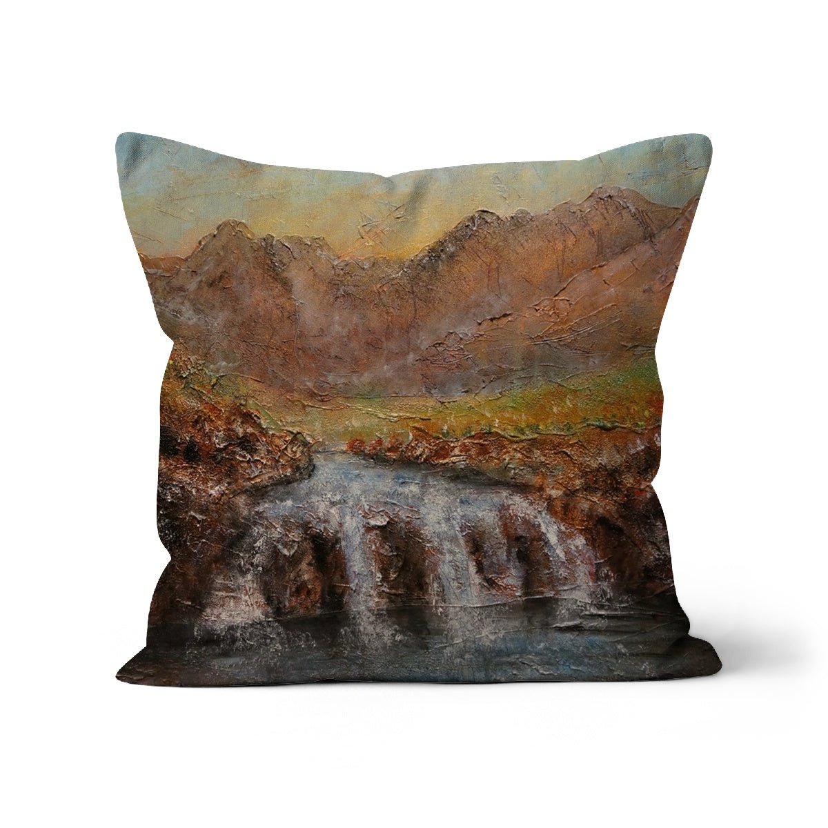 Fairy Pools Dawn Skye Art Gifts Cushion-Cushions-Skye Art Gallery-Linen-24"x24"-Paintings, Prints, Homeware, Art Gifts From Scotland By Scottish Artist Kevin Hunter