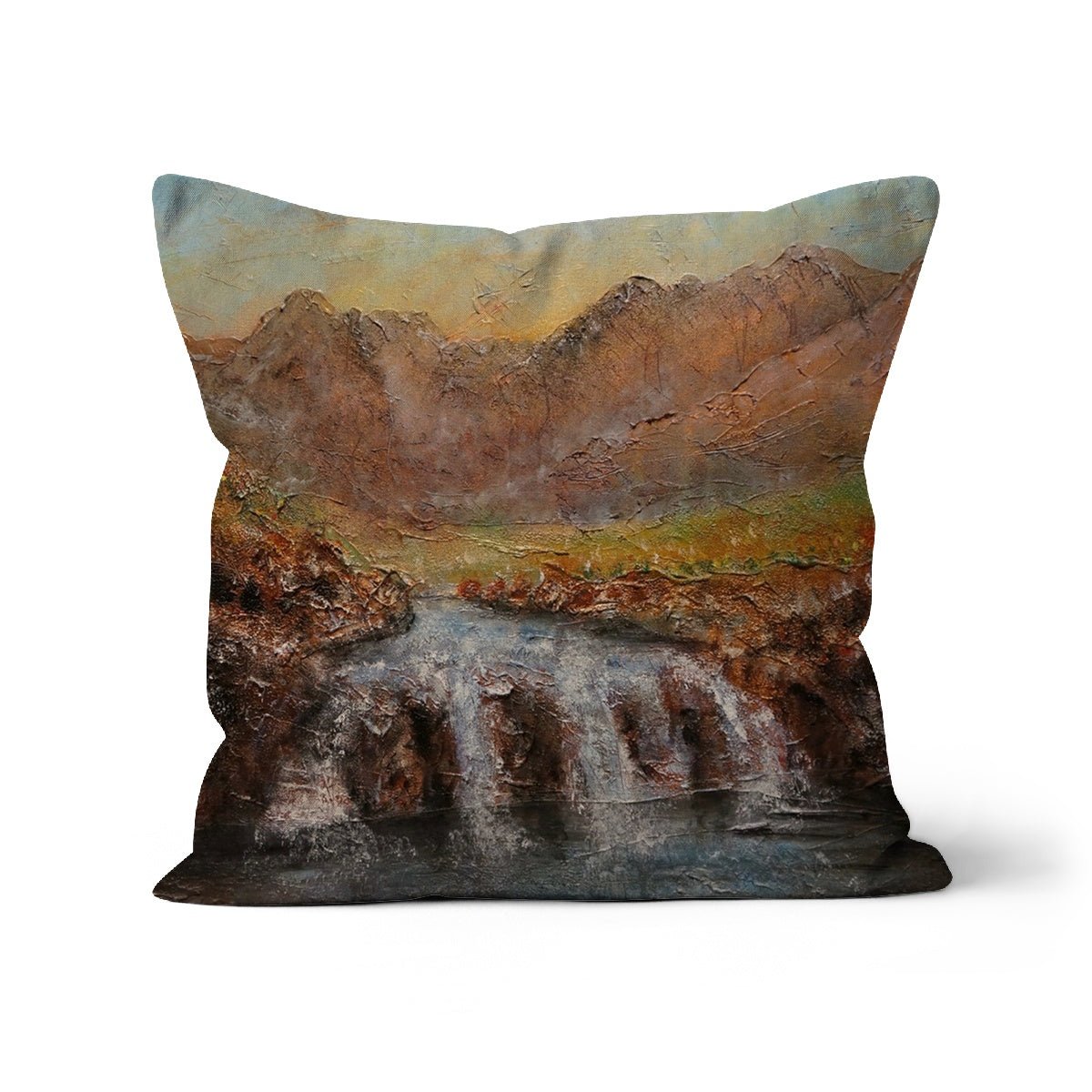 Fairy Pools Dawn Skye Art Gifts Cushion-Cushions-Skye Art Gallery-Linen-16"x16"-Paintings, Prints, Homeware, Art Gifts From Scotland By Scottish Artist Kevin Hunter