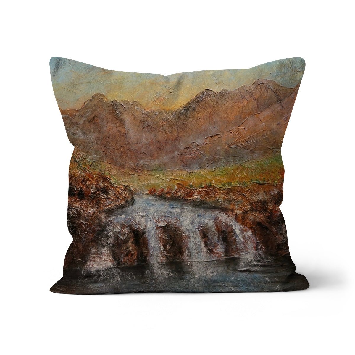 Fairy Pools Dawn Skye Art Gifts Cushion-Cushions-Skye Art Gallery-Faux Suede-12"x12"-Paintings, Prints, Homeware, Art Gifts From Scotland By Scottish Artist Kevin Hunter
