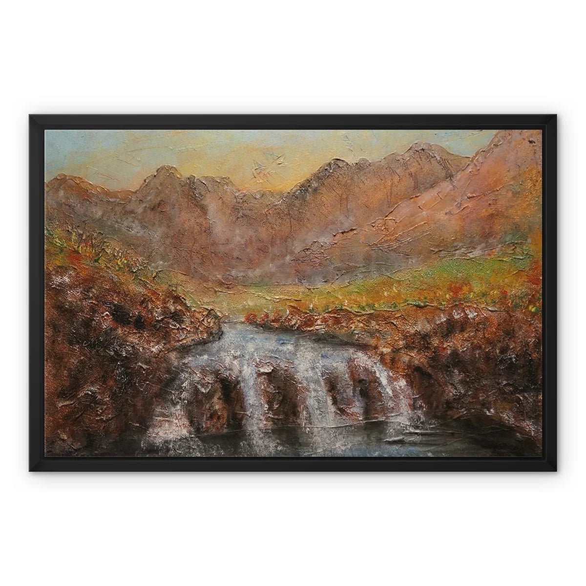 Fairy Pools Skye Dawn Framed Canvas - Art Gallery Scotland Worldwide Shipping Scottish Landscape Paintings and Prints by Artist Hunter