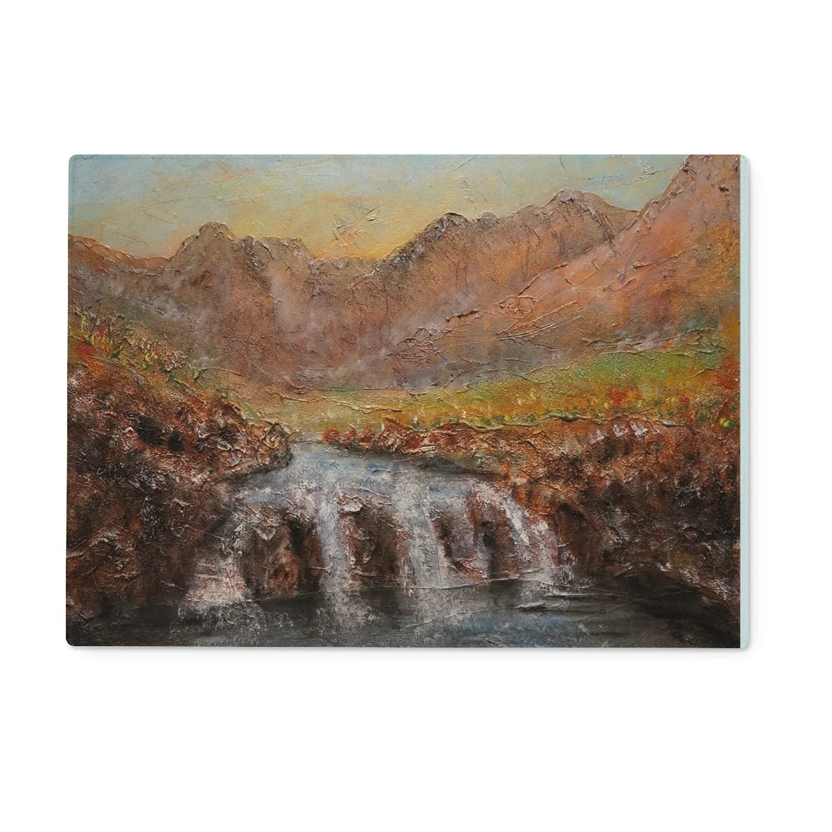 Fairy Pools Skye Dawn Glass Chopping Board - Art Gallery Scotland Worldwide Shipping Scottish Landscape Paintings and Prints
