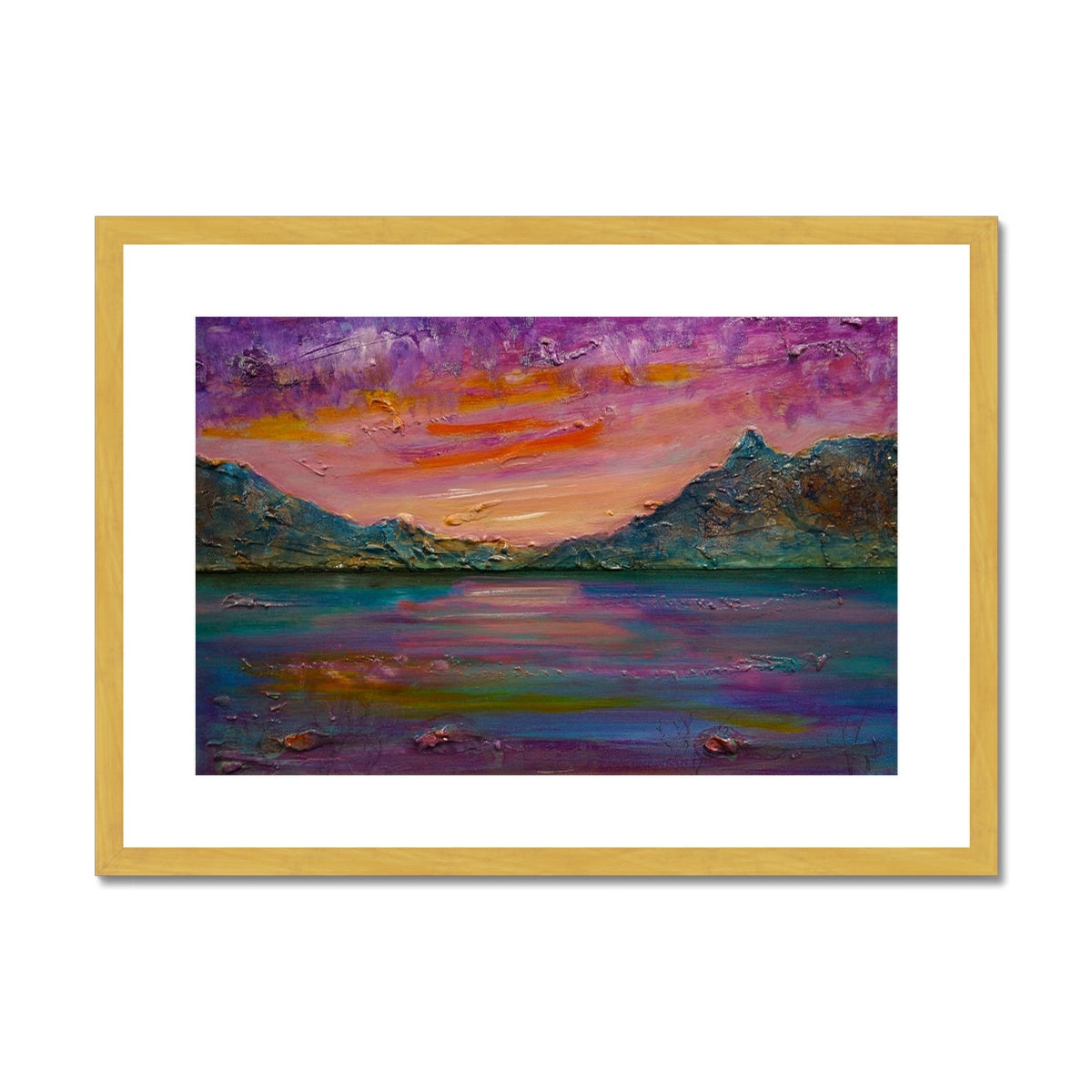 Loch Leven Sunset Painting | Antique Framed & Mounted Prints From Scotland-Antique Framed & Mounted Prints-Scottish Lochs & Mountains Art Gallery-A2 Landscape-Gold Frame-Paintings, Prints, Homeware, Art Gifts From Scotland By Scottish Artist Kevin Hunter