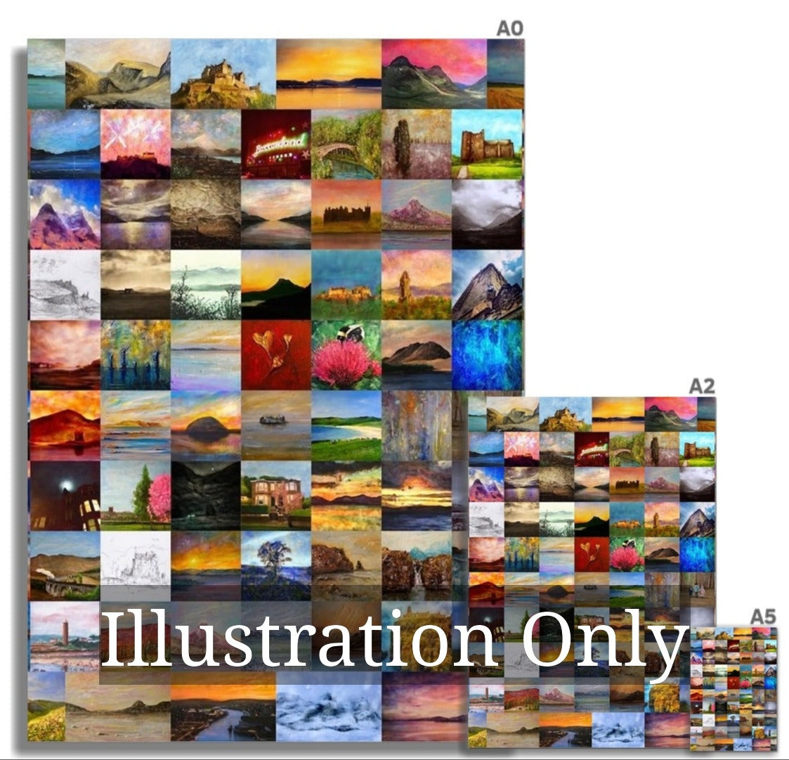 Collage of landscape paintings showcasing fine art prints from Scotland