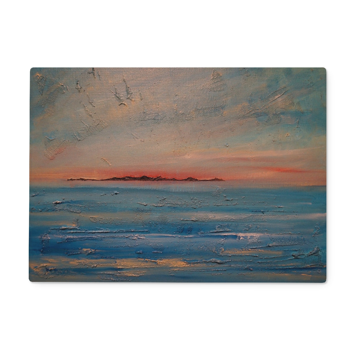 Gigha Sunset Art Gifts Glass Chopping Board | Hebridean Islands Art Gallery | Paintings, Prints, Homeware and Art Gifts From Scotland By Scottish Artist Kevin Hunter