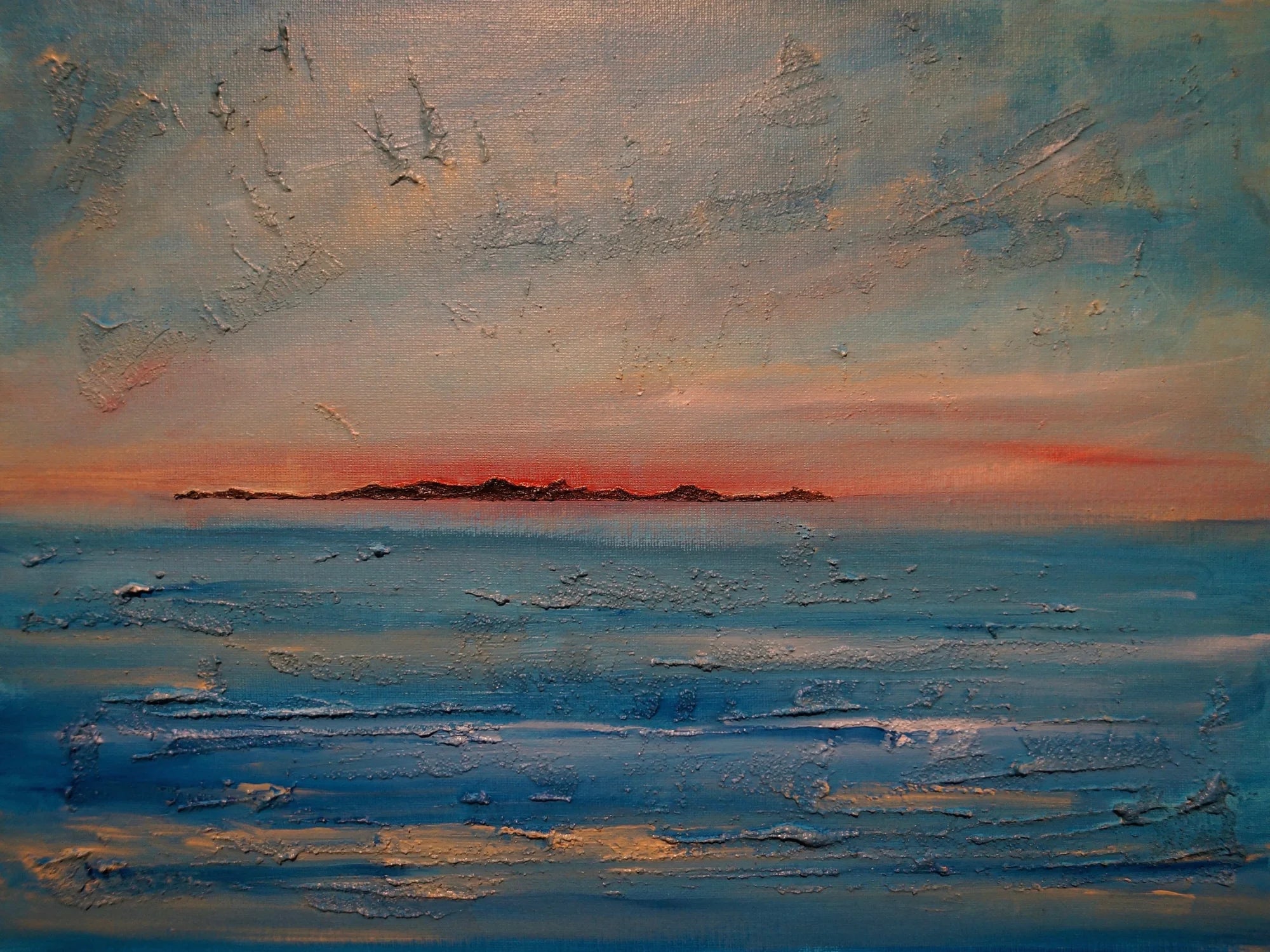 Gigha Sunset - Hebridean Islands Art Gallery Scotland Worldwide Shipping Textured Seascape Painting Kevin Hunter Portfolio Giclee Prints