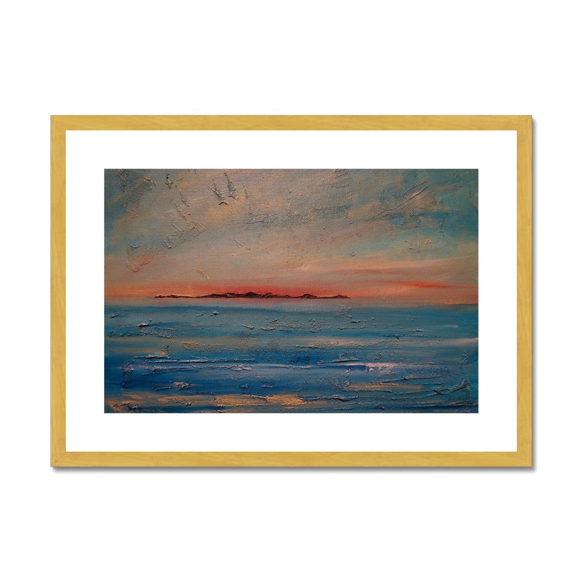 Gigha Sunset Painting | Antique Framed & Mounted Prints From Scotland-Antique Framed & Mounted Prints-Hebridean Islands Art Gallery-A2 Landscape-Gold Frame-Paintings, Prints, Homeware, Art Gifts From Scotland By Scottish Artist Kevin Hunter