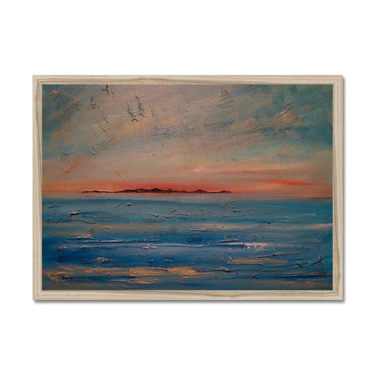 Gigha Sunset Painting | Framed Prints From Scotland-Framed Prints-Hebridean Islands Art Gallery-A2 Landscape-Natural Frame-Paintings, Prints, Homeware, Art Gifts From Scotland By Scottish Artist Kevin Hunter