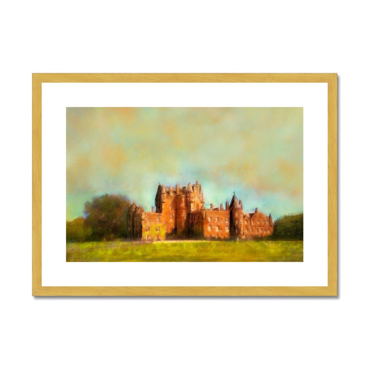 Glamis Castle Painting | Antique Framed & Mounted Prints From Scotland-Antique Framed & Mounted Prints-Historic & Iconic Scotland Art Gallery-A2 Landscape-Gold Frame-Paintings, Prints, Homeware, Art Gifts From Scotland By Scottish Artist Kevin Hunter