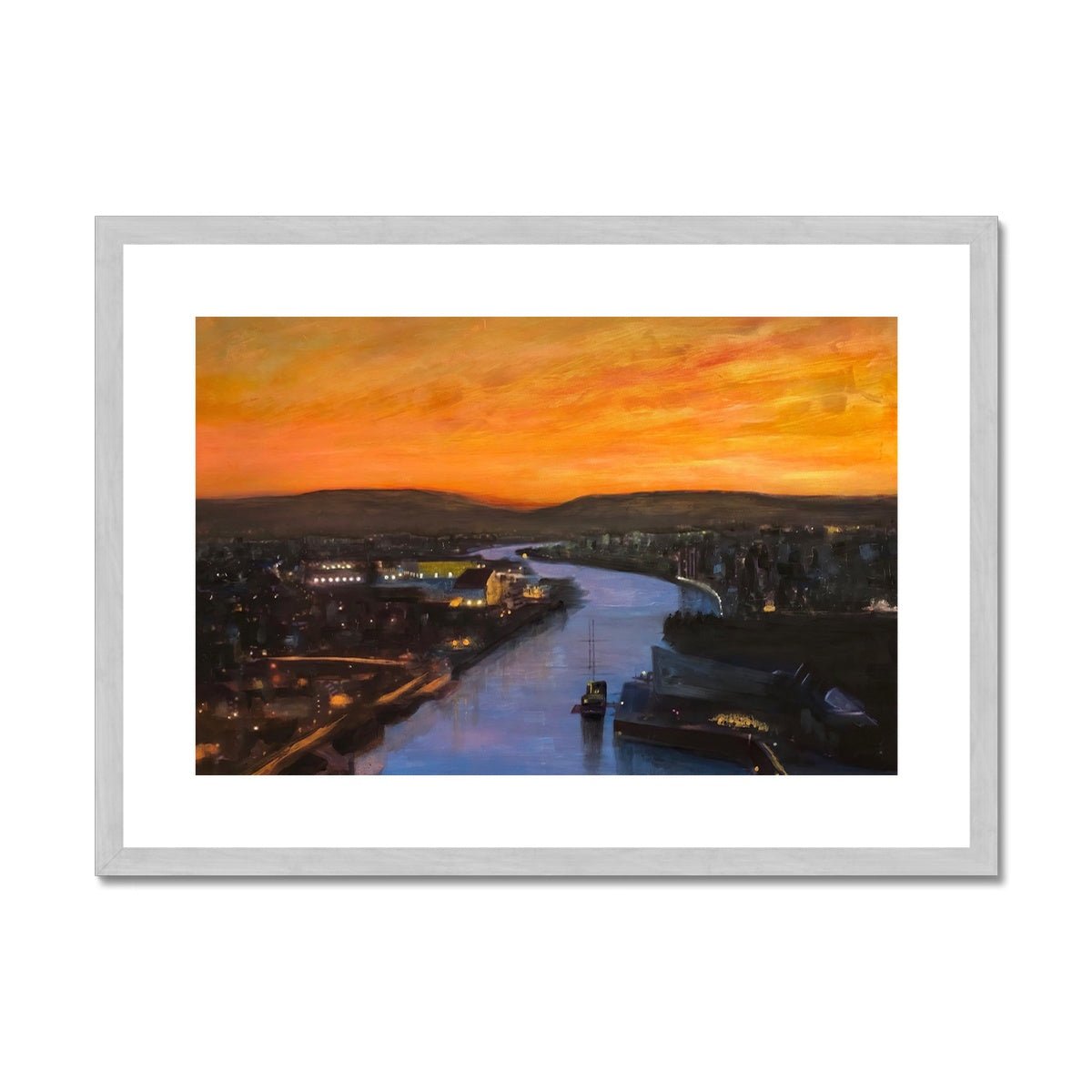 Glasgow Harbour Looking West Painting | Antique Framed & Mounted Prints From Scotland-Antique Framed & Mounted Prints-Edinburgh & Glasgow Art Gallery-A2 Landscape-Silver Frame-Paintings, Prints, Homeware, Art Gifts From Scotland By Scottish Artist Kevin Hunter